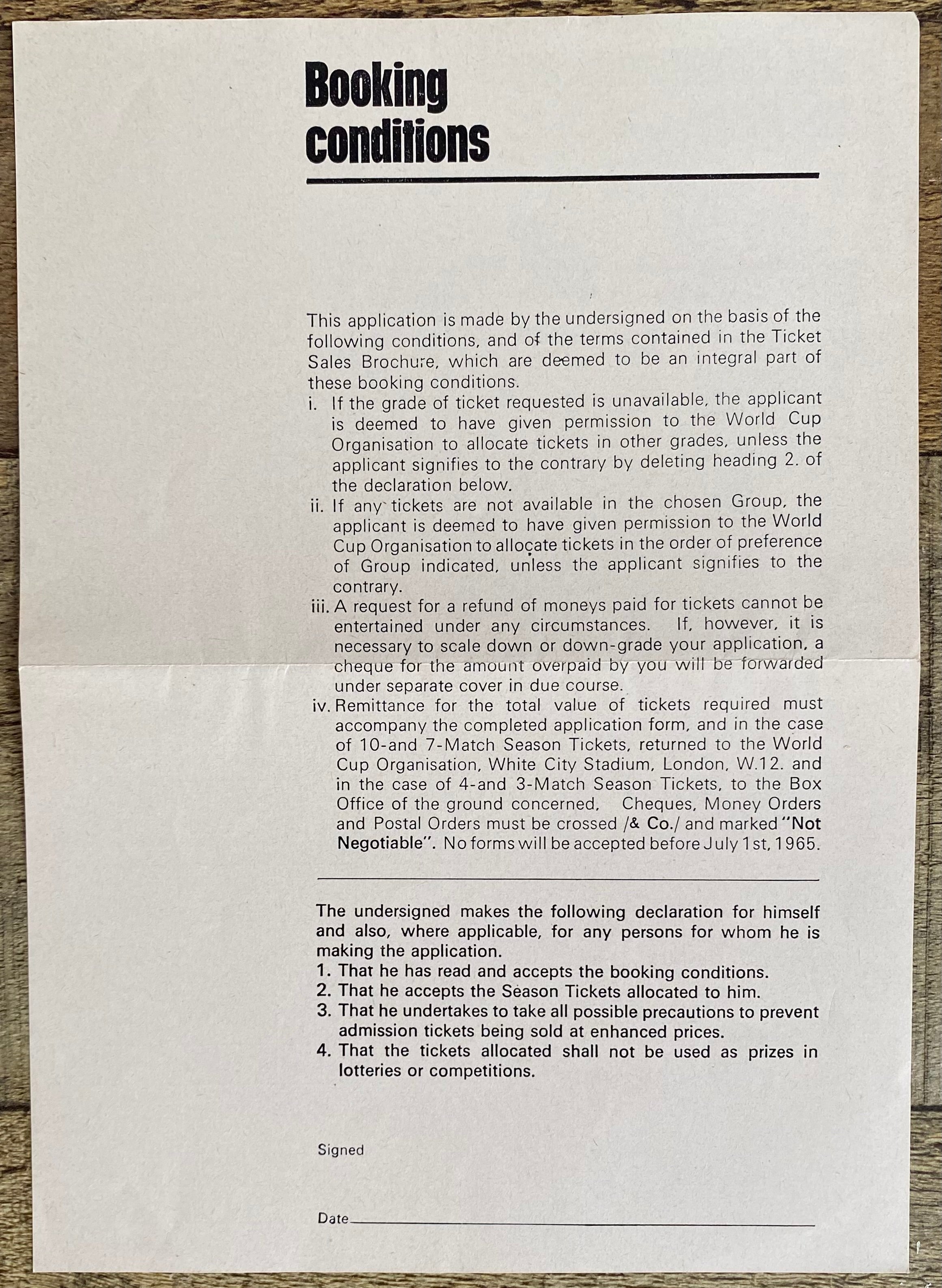 1966 WORLD CUP ORIGINAL OFFICIAL TICKET APPLICATION FORM
