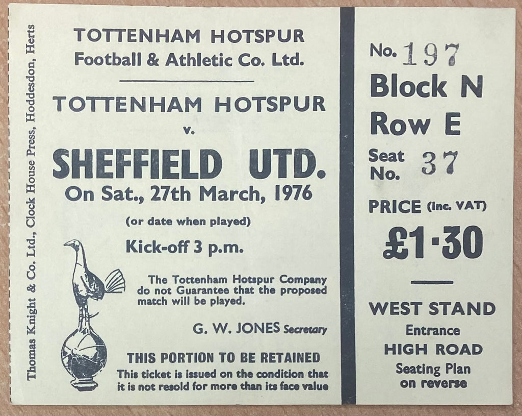 1975/76 ORIGINAL DIVISION ONE TICKET TOTTENHAM HOTSPUR V SHEFFIELD UNITED