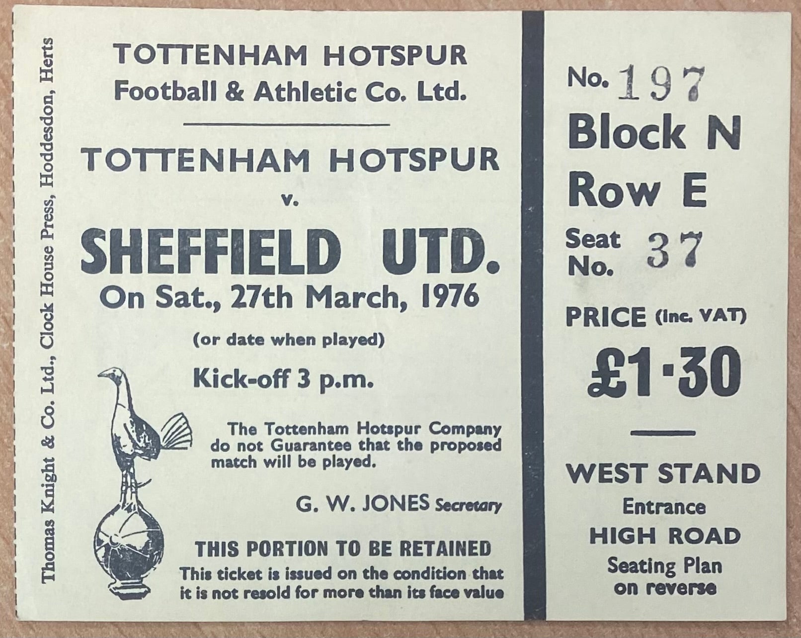 1975/76 ORIGINAL DIVISION ONE TICKET TOTTENHAM HOTSPUR V SHEFFIELD UNITED