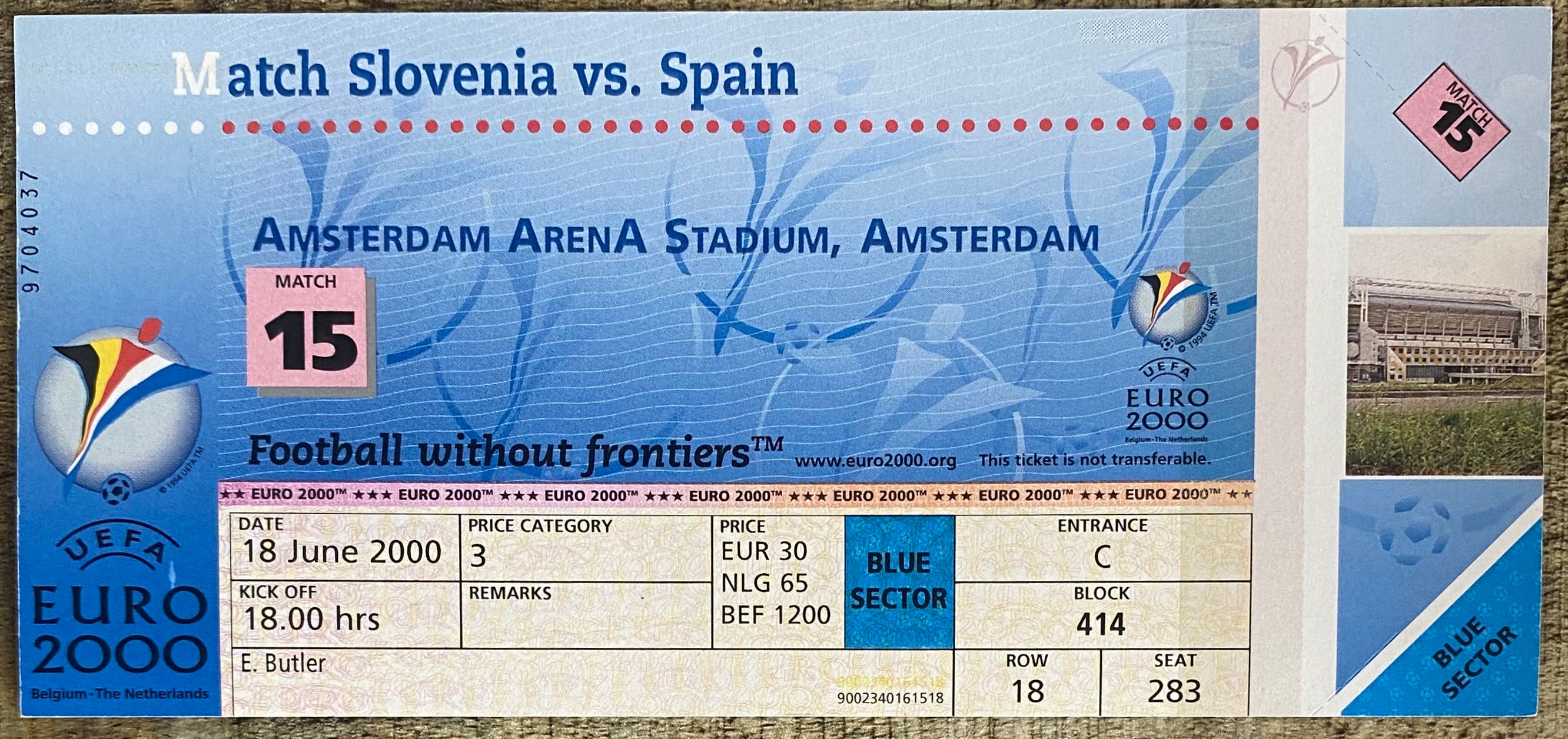 2000 ORIGINAL EUROPEAN CHAMPIONSHIPS EURO 2000 UNUSED TICKET SPAIN V SLOVENIA @ AMSTERDAM