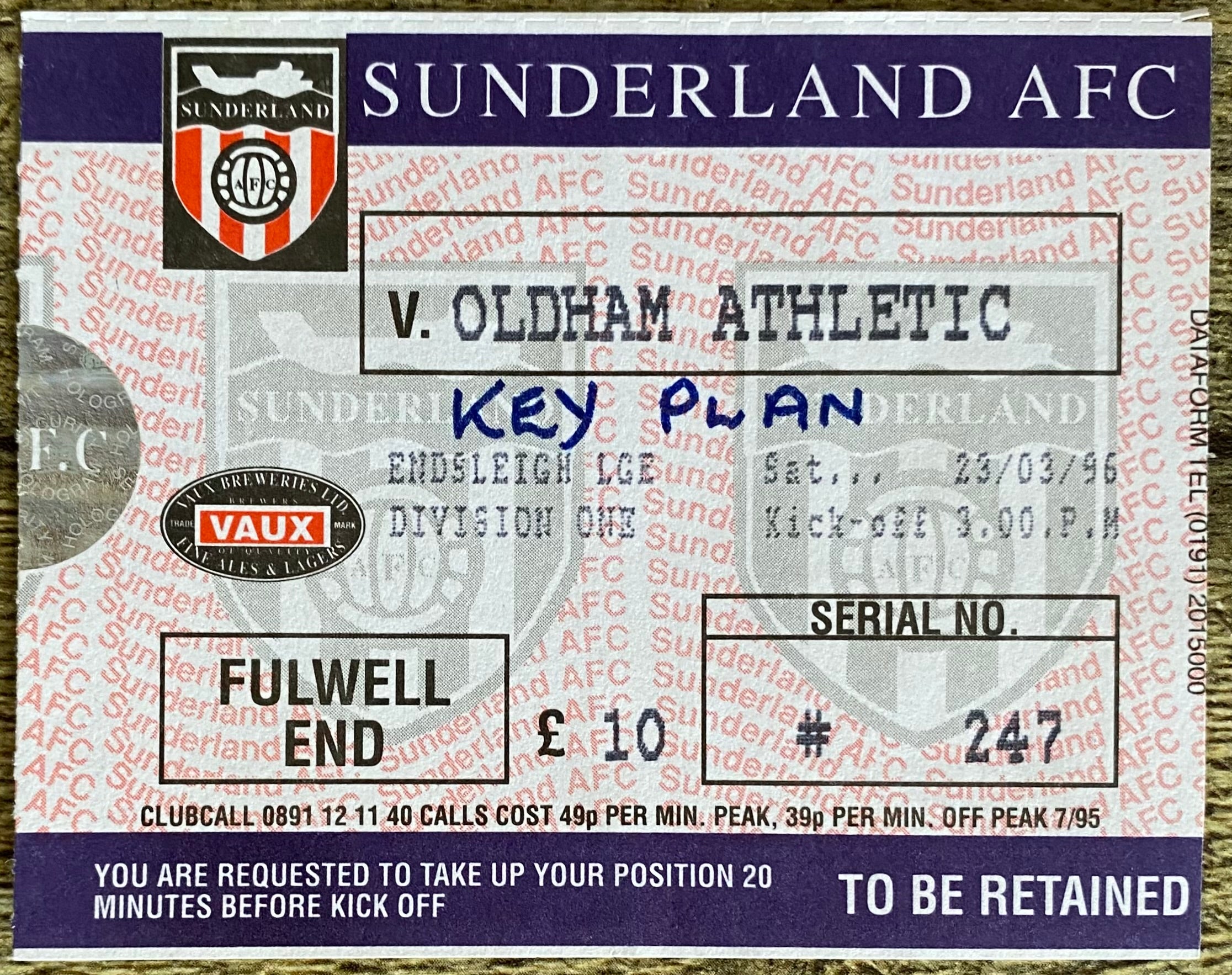 1995/96 ORIGINAL DIVISION ONE TICKET SUNDERLAND v OLDHAM ATHLETIC