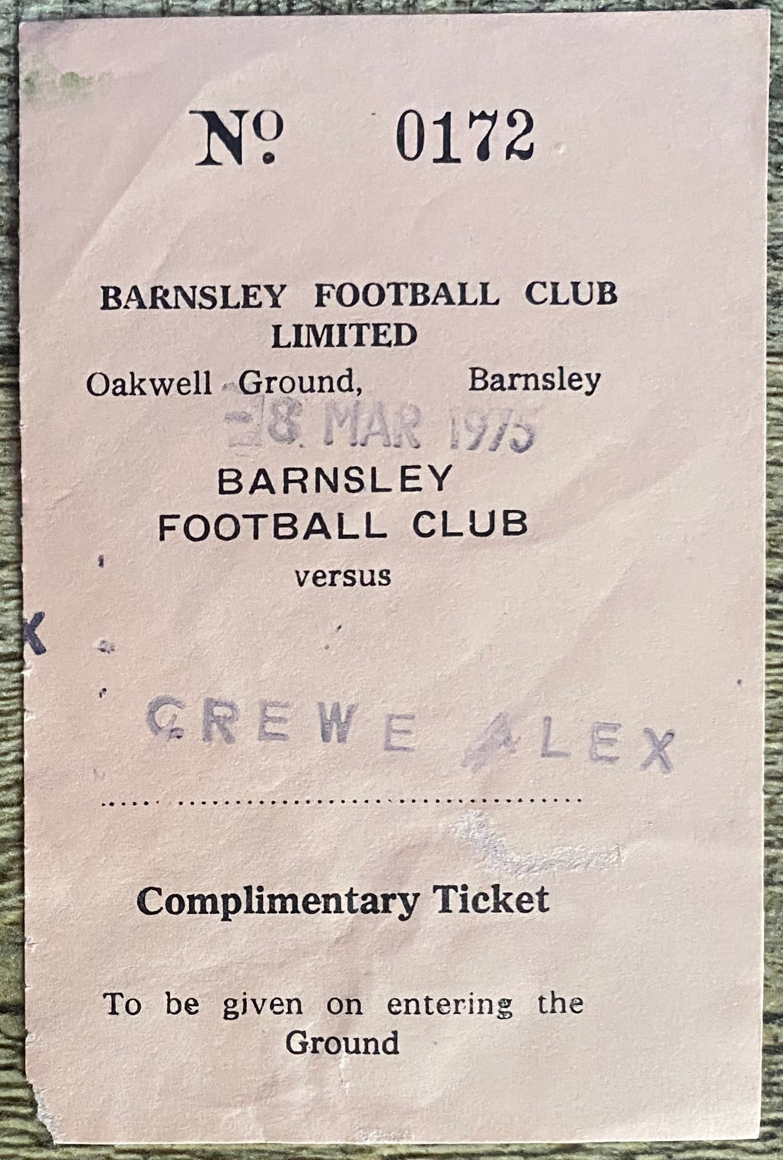 1974/75 ORIGINAL DIVISION 4 TICKET BARNSLEY V CREWE ALEXANDRA