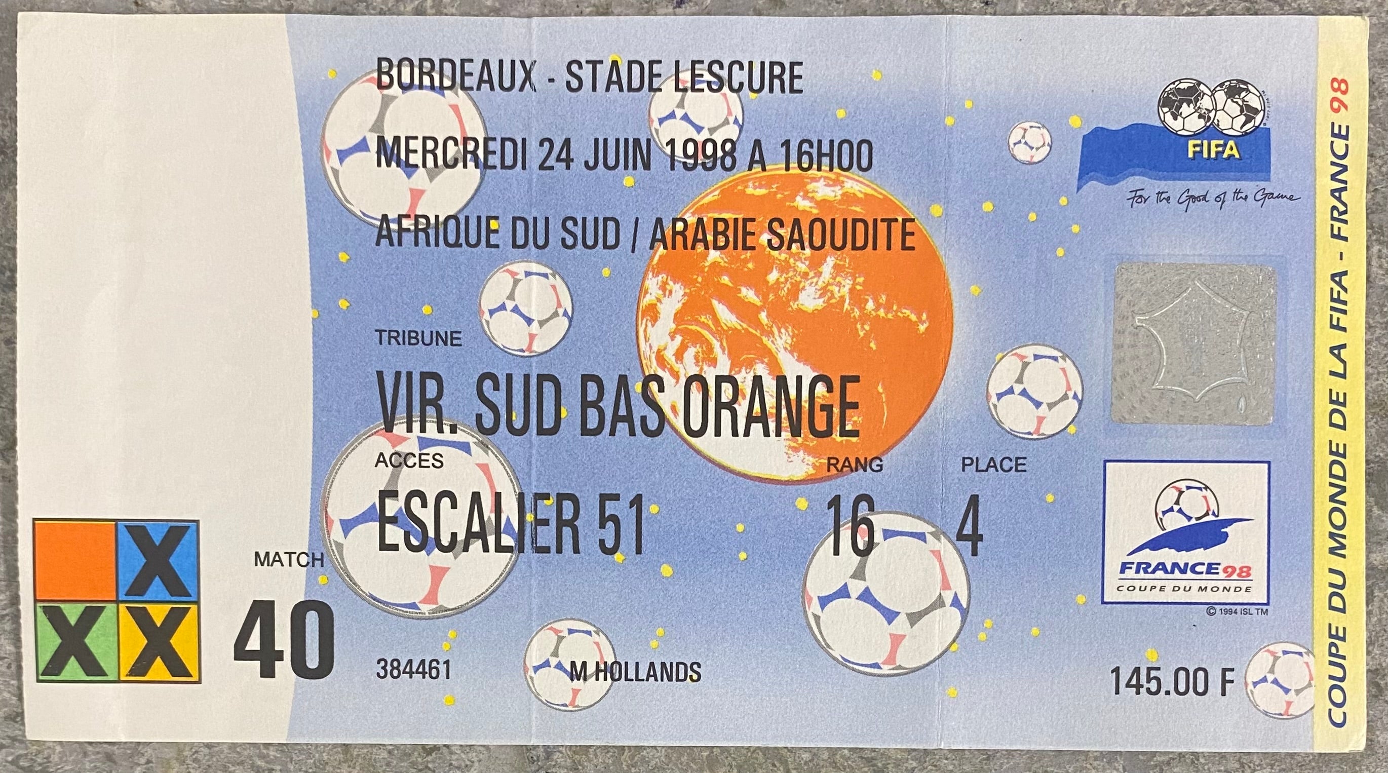 1998 ORIGINAL WORLD CUP 1ST ROUND TICKET SOUTH AFRICA V SAUDI ARABIA @ BORDEAUX