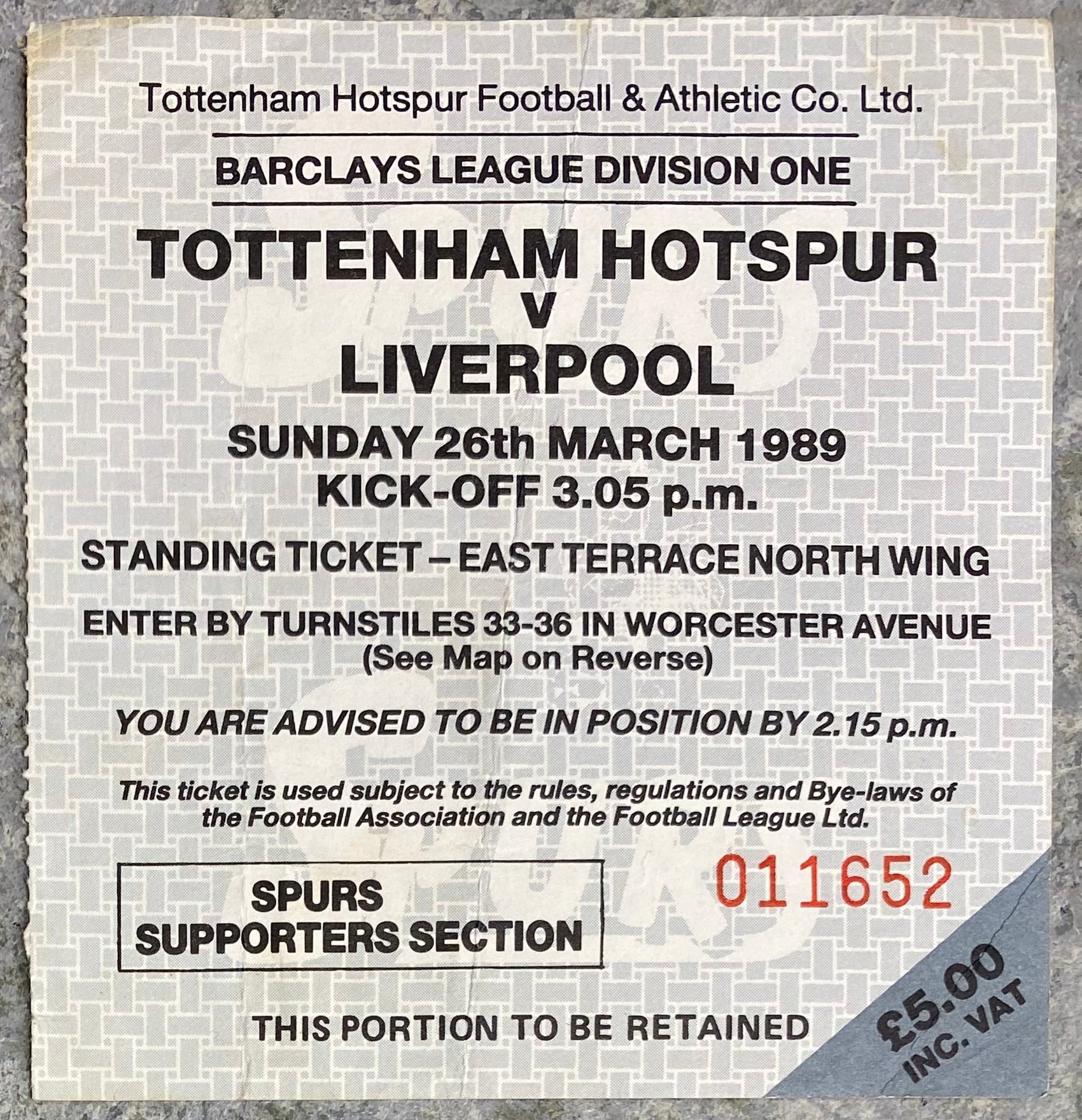 1988/89 ORIGINAL DIVISION ONE TICKET TOTTENHAM HOTSPUR V LIVERPOOL