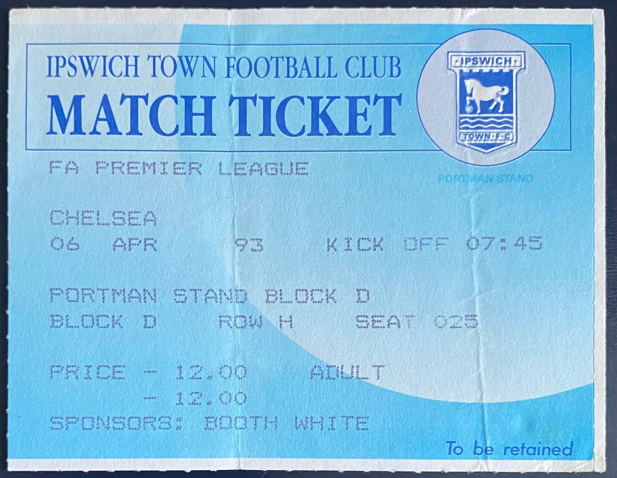 1992/93 ORIGINAL PREMIER LEAGUE TICKET IPSWICH TOWN V CHELSEA