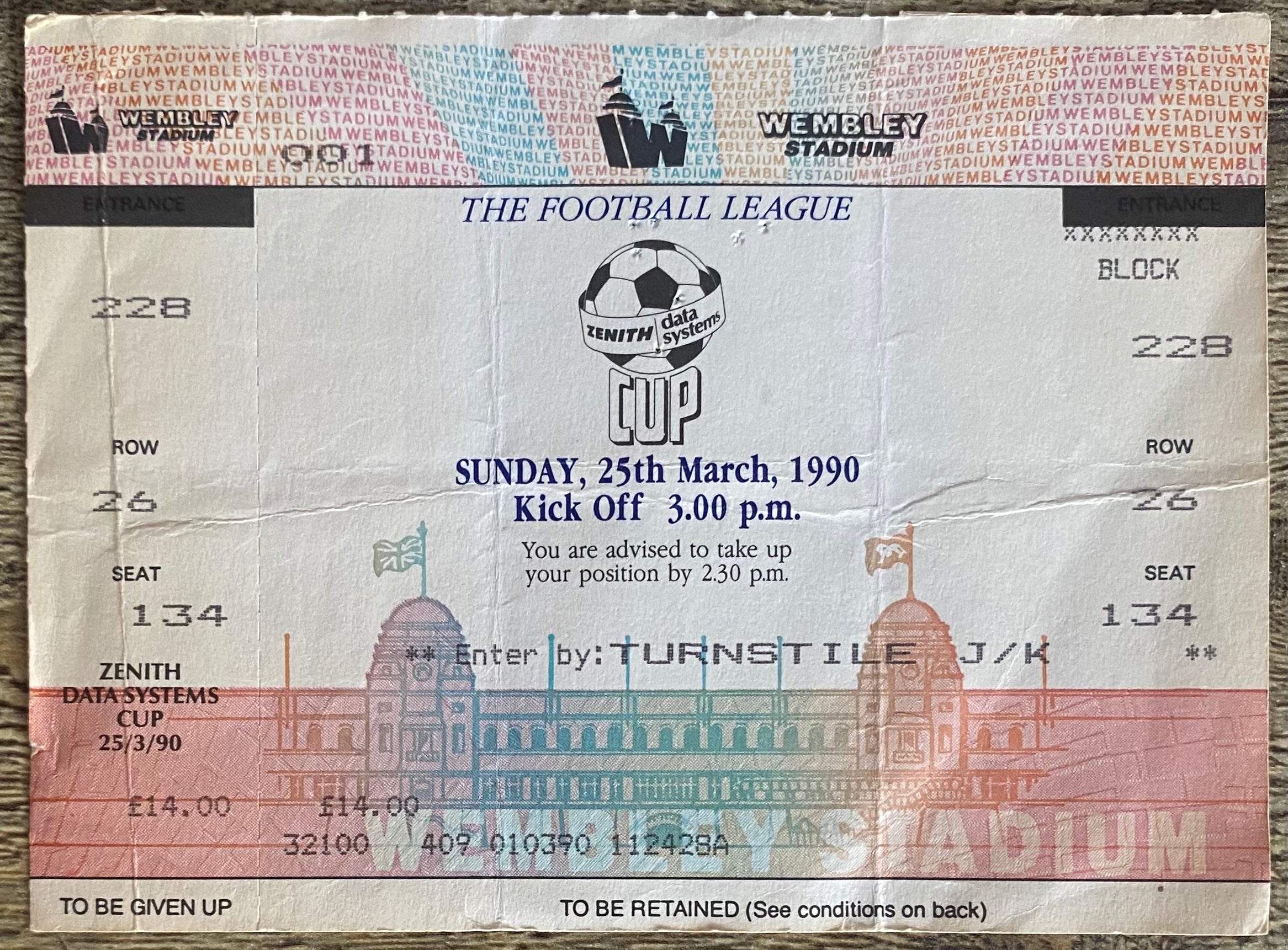 1990 ORIGINAL ZENITH DATA SYSTEMS CUP FINAL UNUSED TICKET CHELSEA V MIDDLEBROUGH