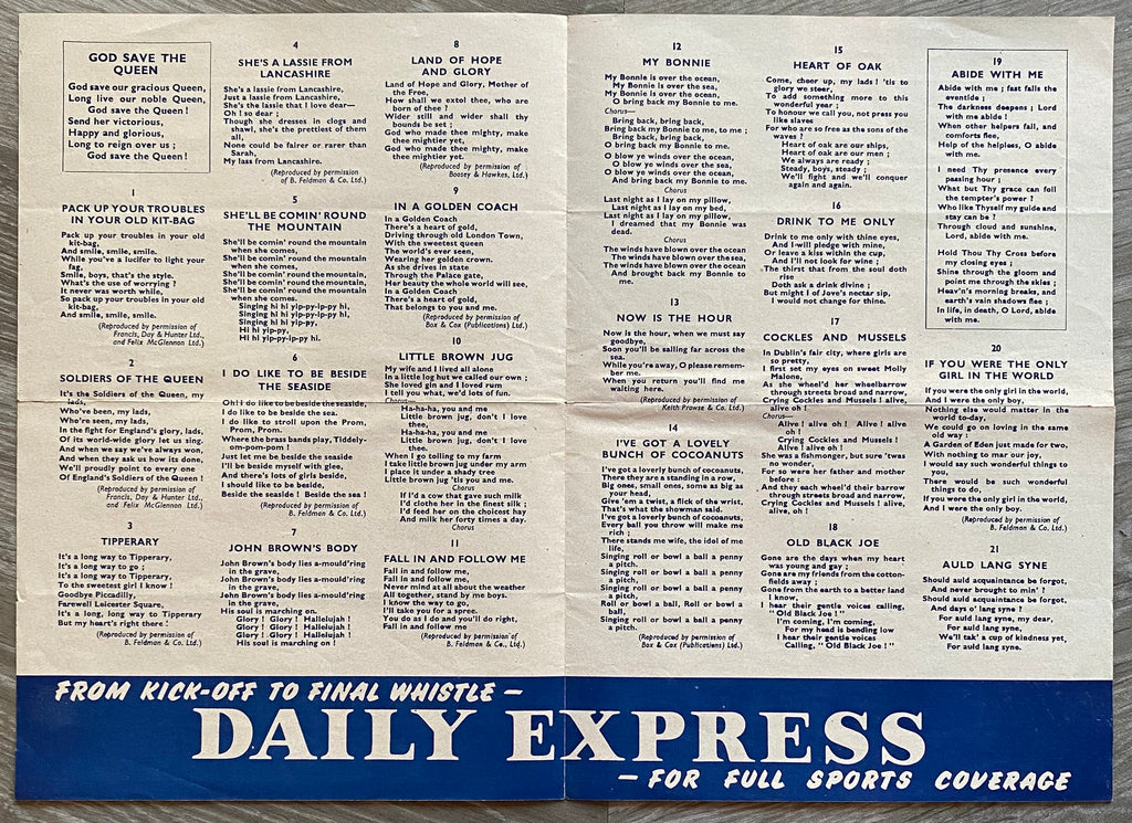 1953 ORIGINAL OFFICIAL FA CUP FINAL COMMUNITY SINGING SONG SHEET BLACKPOOL V BOLTON WANDERERS