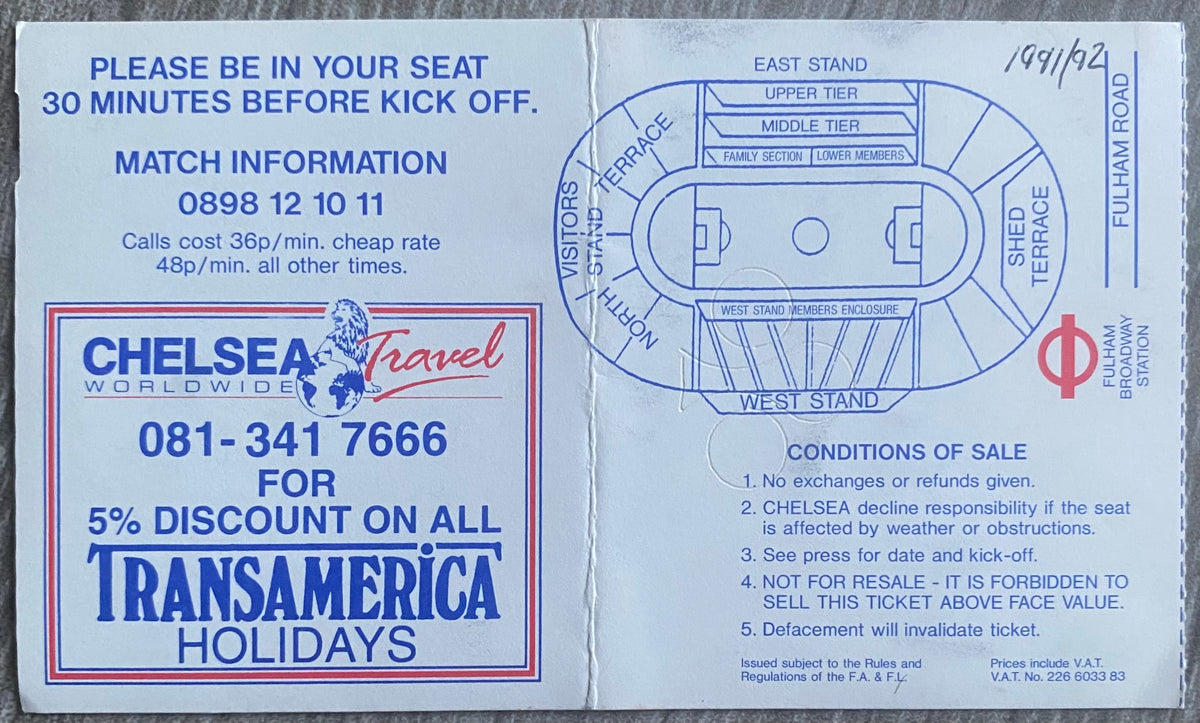 1991/92 ORIGINAL DIVISION 1 TICKET CHELSEA V TOTTENHAM HOTSPUR