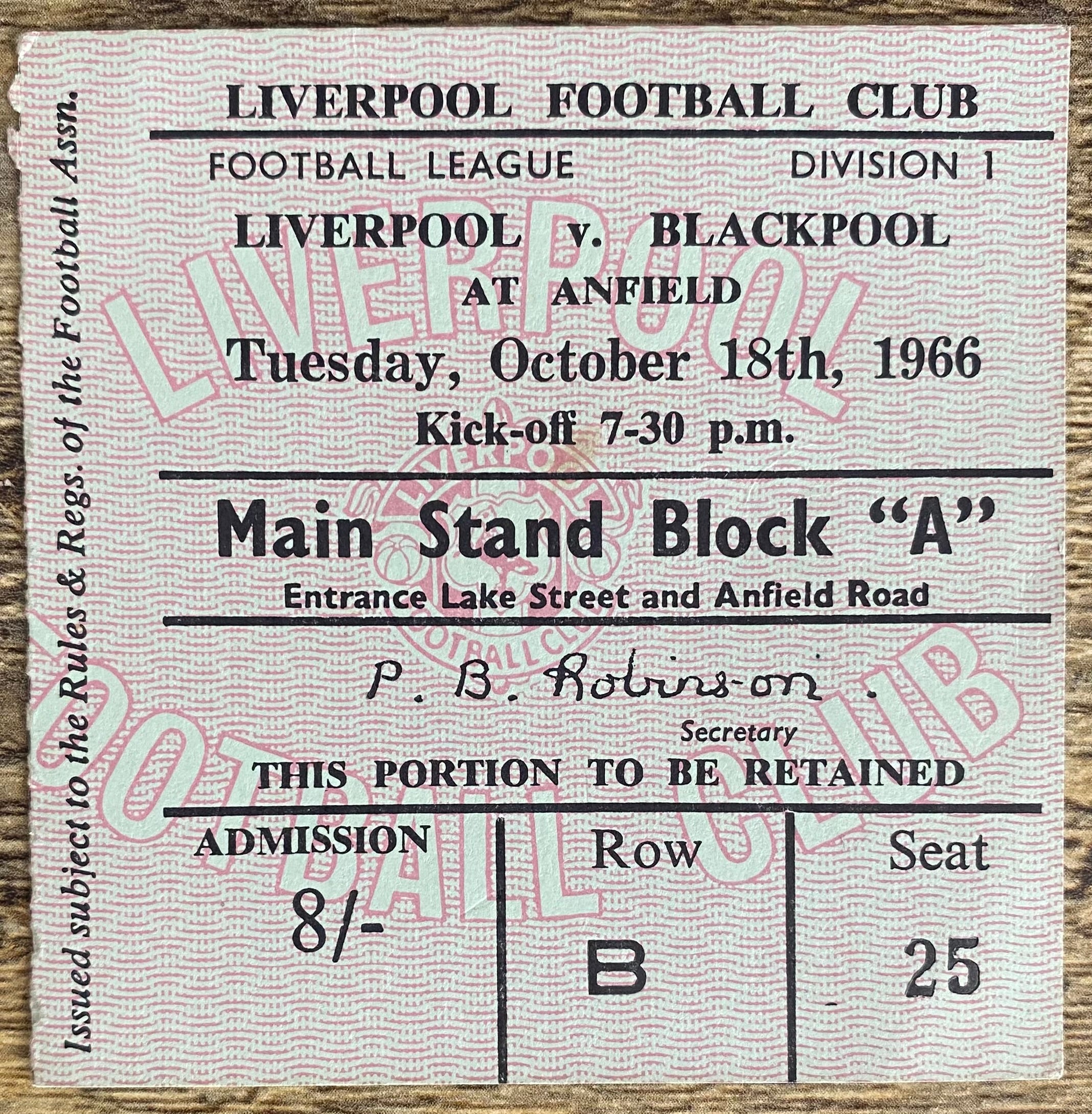1966/67 ORIGINAL DIVISION ONE TICKET LIVERPOOL V BLACKPOOL