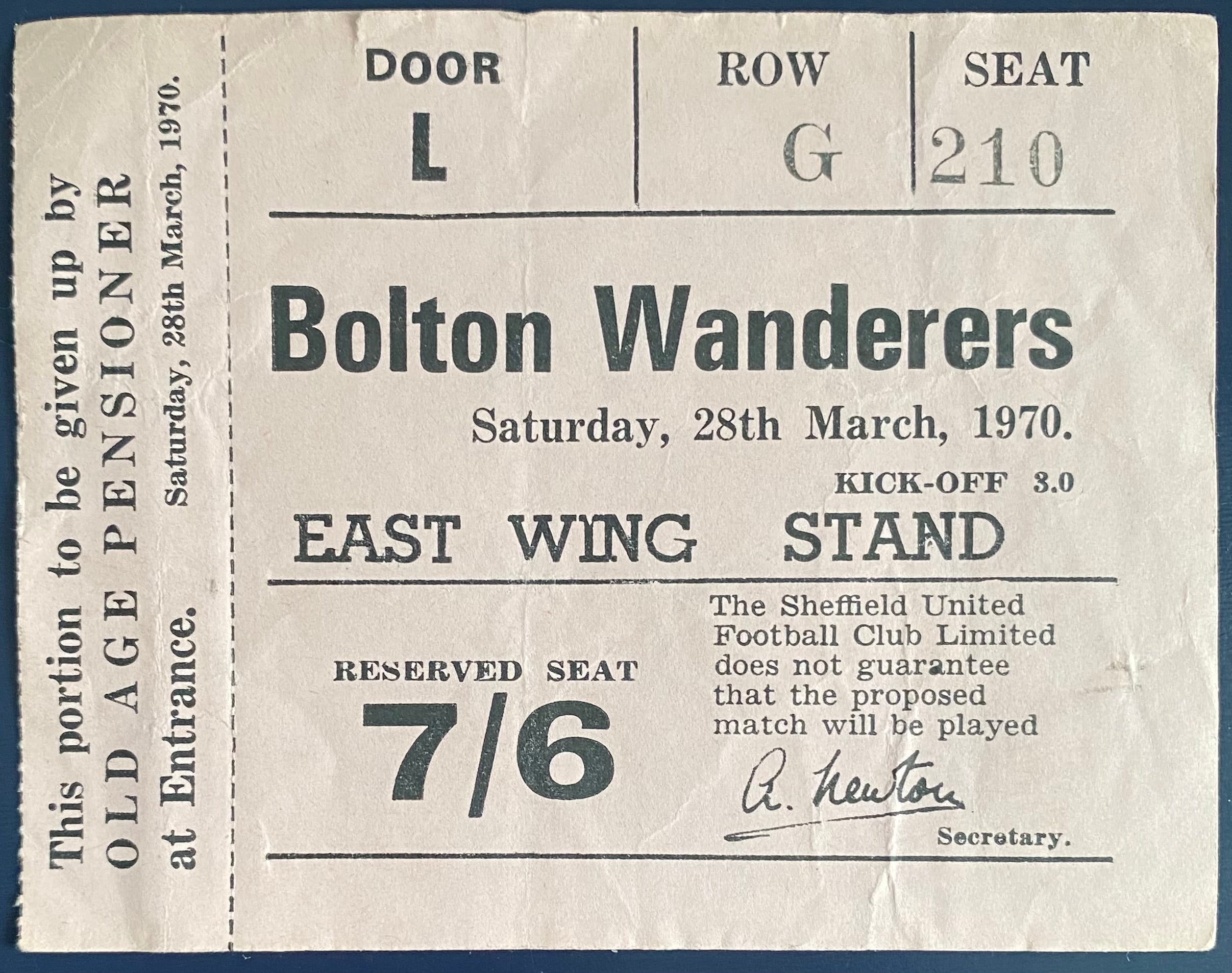 1969/70 ORIGINAL DIVISION 2 TICKET SHEFFIELD UNITED V BOLTON WANDERERS