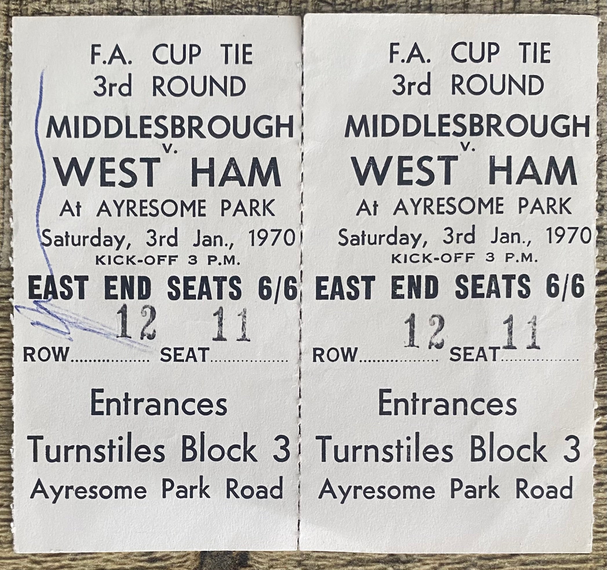 1969/70 ORIGINAL FA CUP 3RD ROUND TICKET MIDDLESBROUGH V WEST HAM UNITED