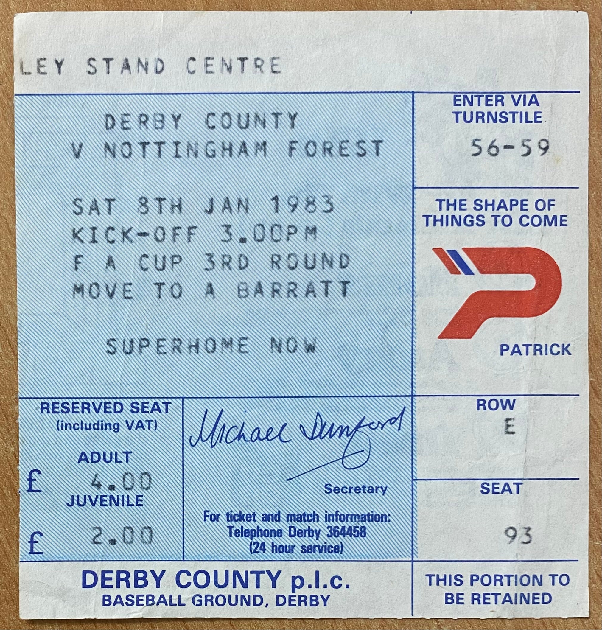 1982/83 ORIGINAL FA CUP 3RD ROUND TICKET DERBY COUNTY V NOTTINGHAM FOREST
