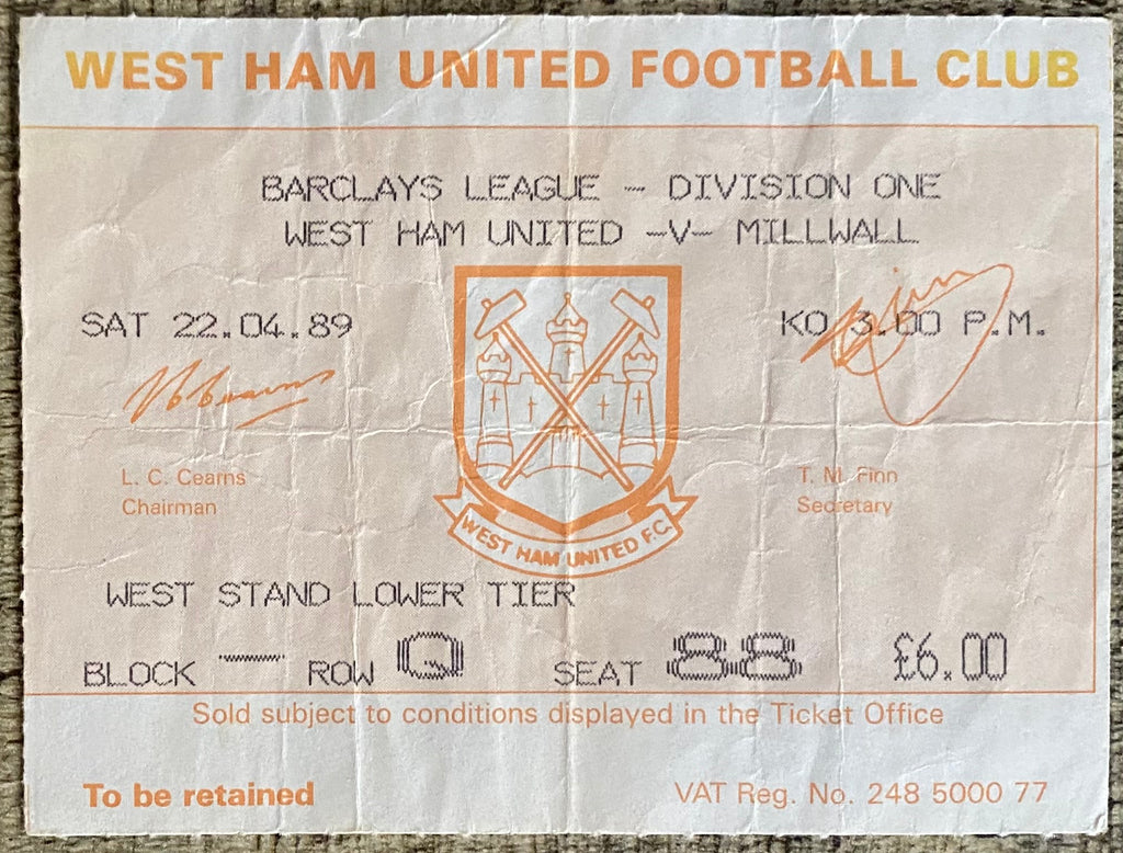 1988/89 ORIGINAL DIVISION ONE TICKET WEST HAM UNITED V MILLWALL