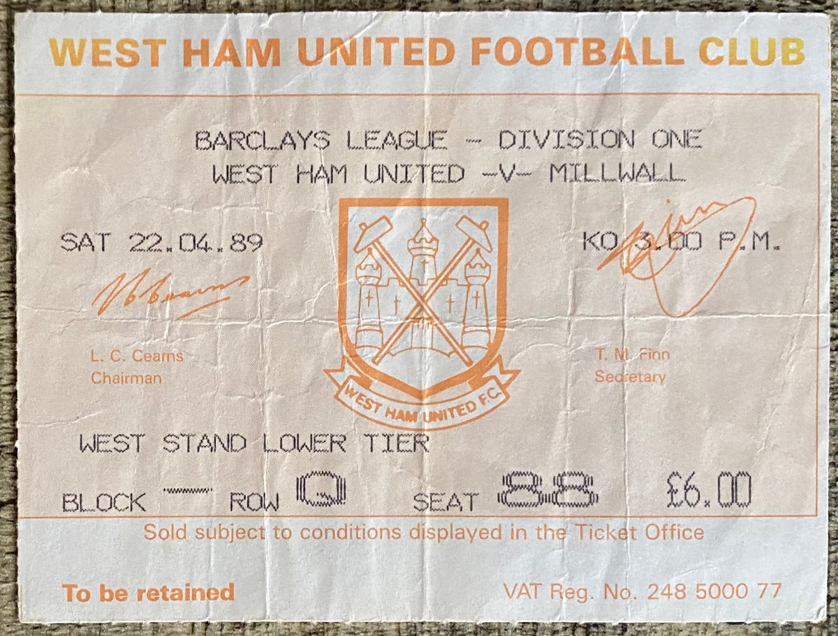 1988/89 ORIGINAL DIVISION ONE TICKET WEST HAM UNITED V MILLWALL