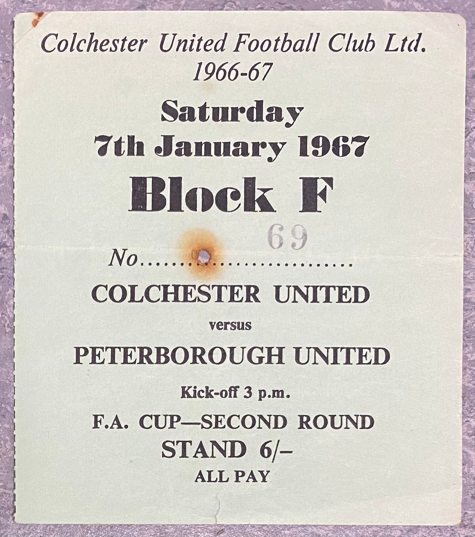 1966/67 ORIGINAL FA CUP 2ND ROUND TICKET COLCHESTER UNITED V PETERBOROUGH UNITED