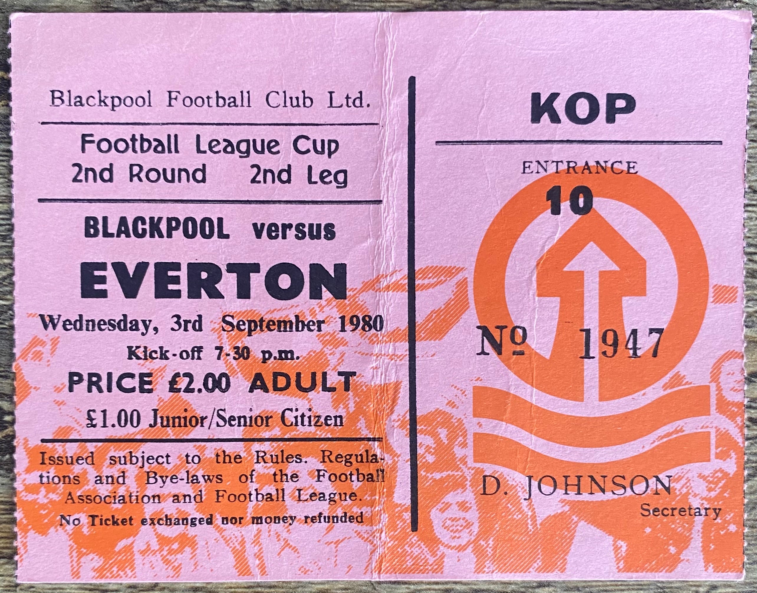 1980/81 ORIGINAL LEAGUE CUP 2ND ROUND 2ND LEG TICKET BLACKPOOL V EVERTON