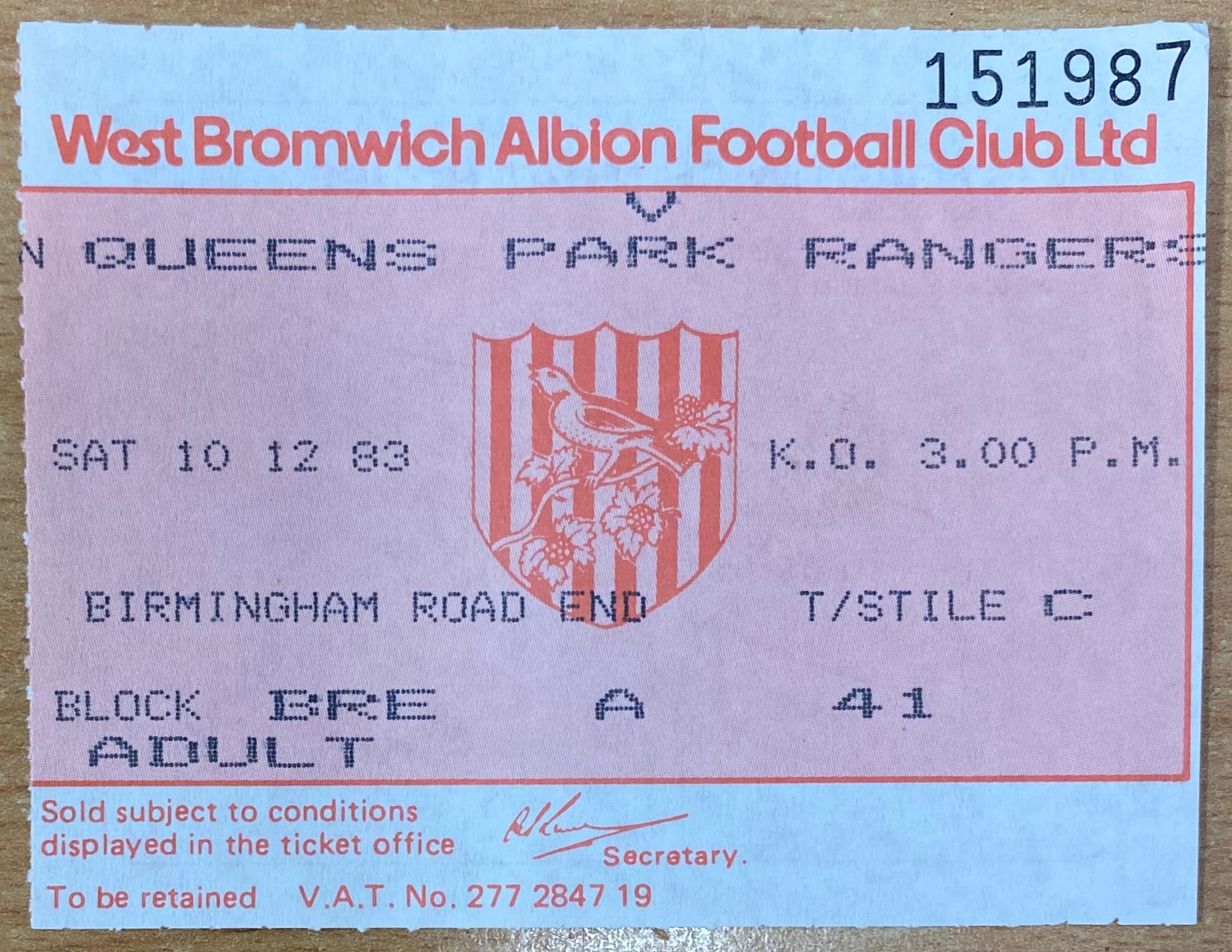 1983/84 ORIGINAL DIVISION 1 TICKET WEST BROMWICH ALBION V QUEENS PARK RANGERS