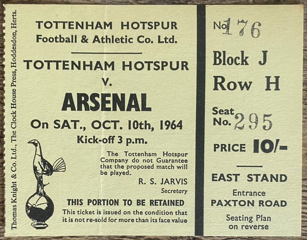 1964/65 ORIGINAL DIVISION ONE TICKET TOTTENHAM HOTSPUR V ARSENAL