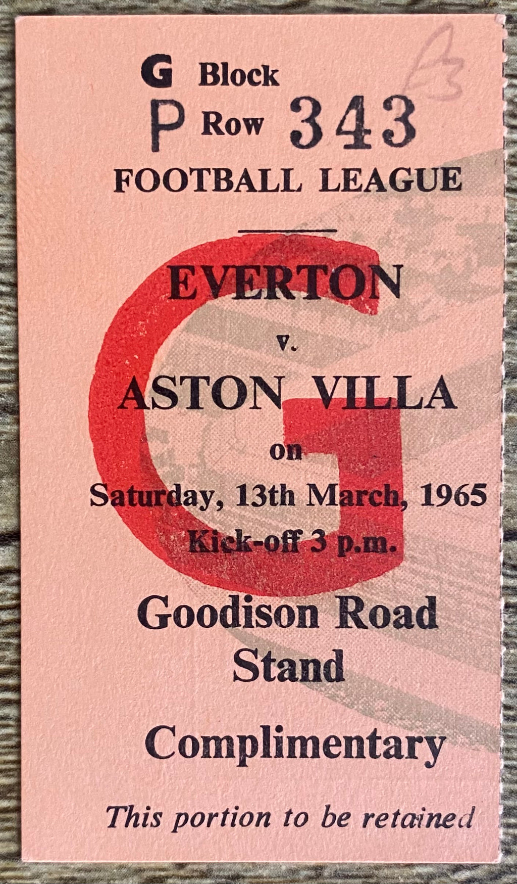 1964/65 ORIGINAL DIVISION ONE TICKET EVERTON V ASTON VILLA