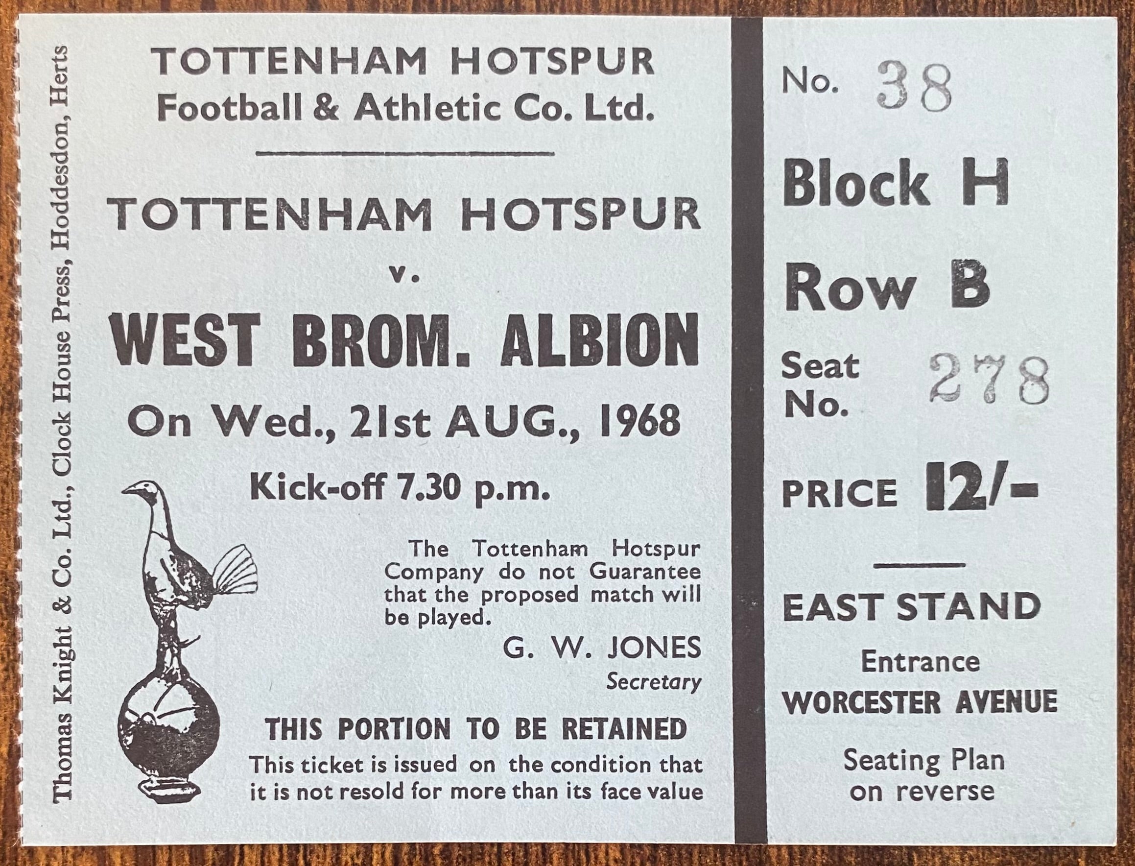 1968/69 ORIGINAL DIVISION ONE TICKET TOTTENHAM HOTSPUR V WEST BROMWICH ALBION