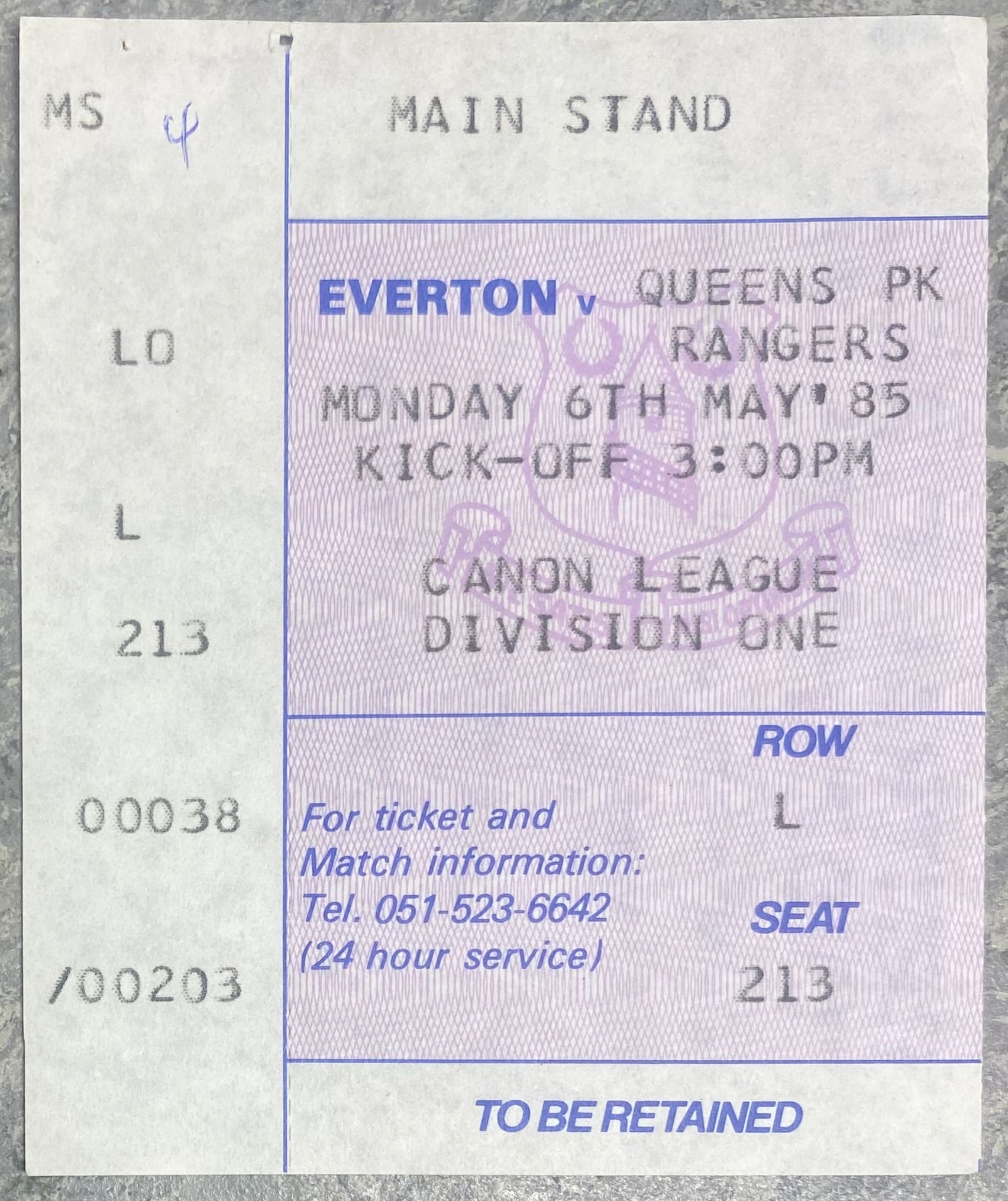 1984/85 ORIGINAL DIVISION ONE TICKET EVERTON V QUEENS PARK RANGERS