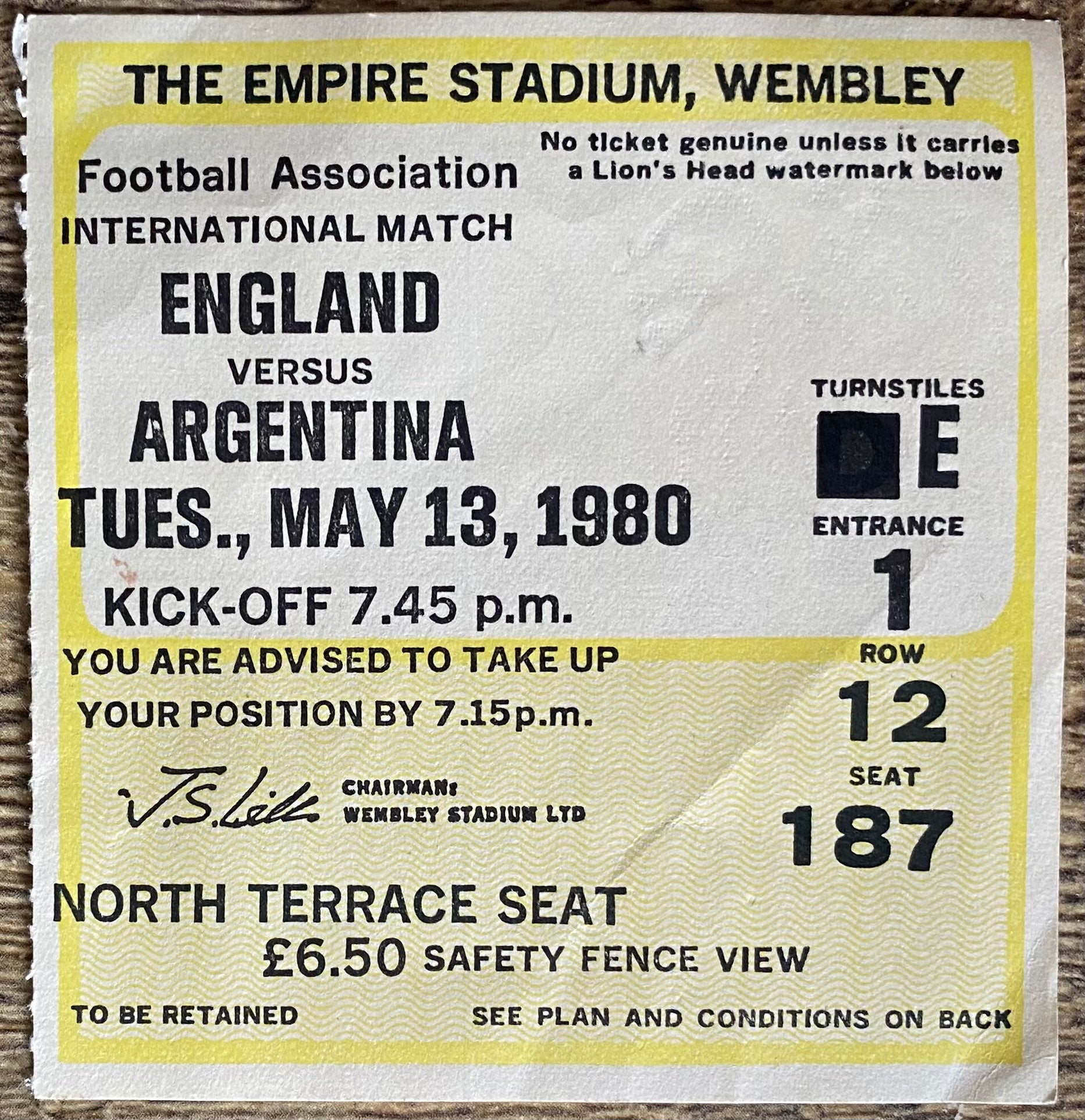 1980 ORIGINAL INTERNATIONAL TICKET ENGLAND V ARGENTINA