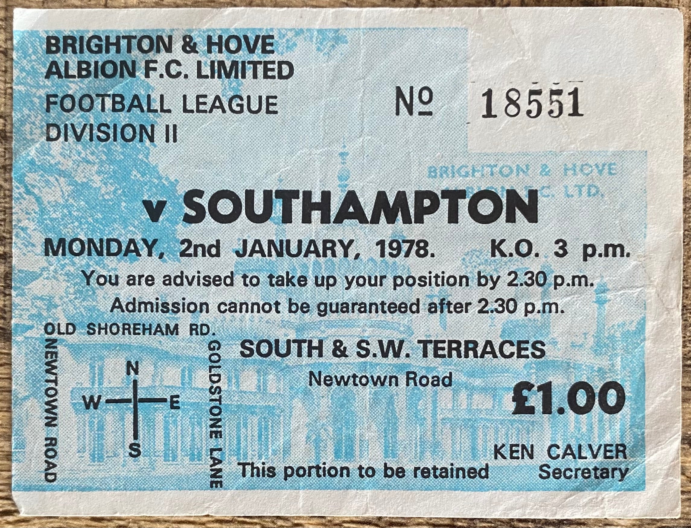 1977/78 ORIGINAL DIVISION 2 TICKET BRIGHTON AND HOVE ALBION V SOUTHAMPTON