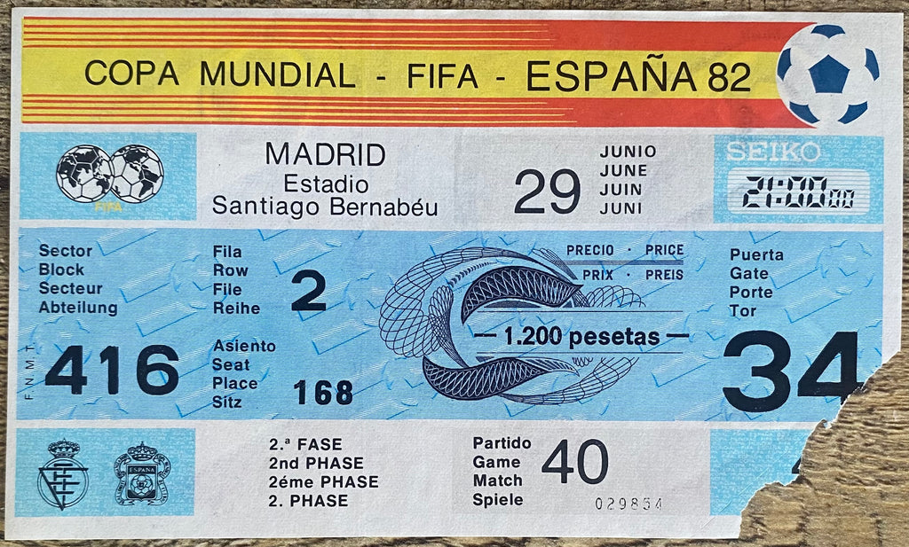 1982 ORIGINAL WORLD CUP 2ND PHASE TICKET WEST GERMANY V ENGLAND @ MADRID
