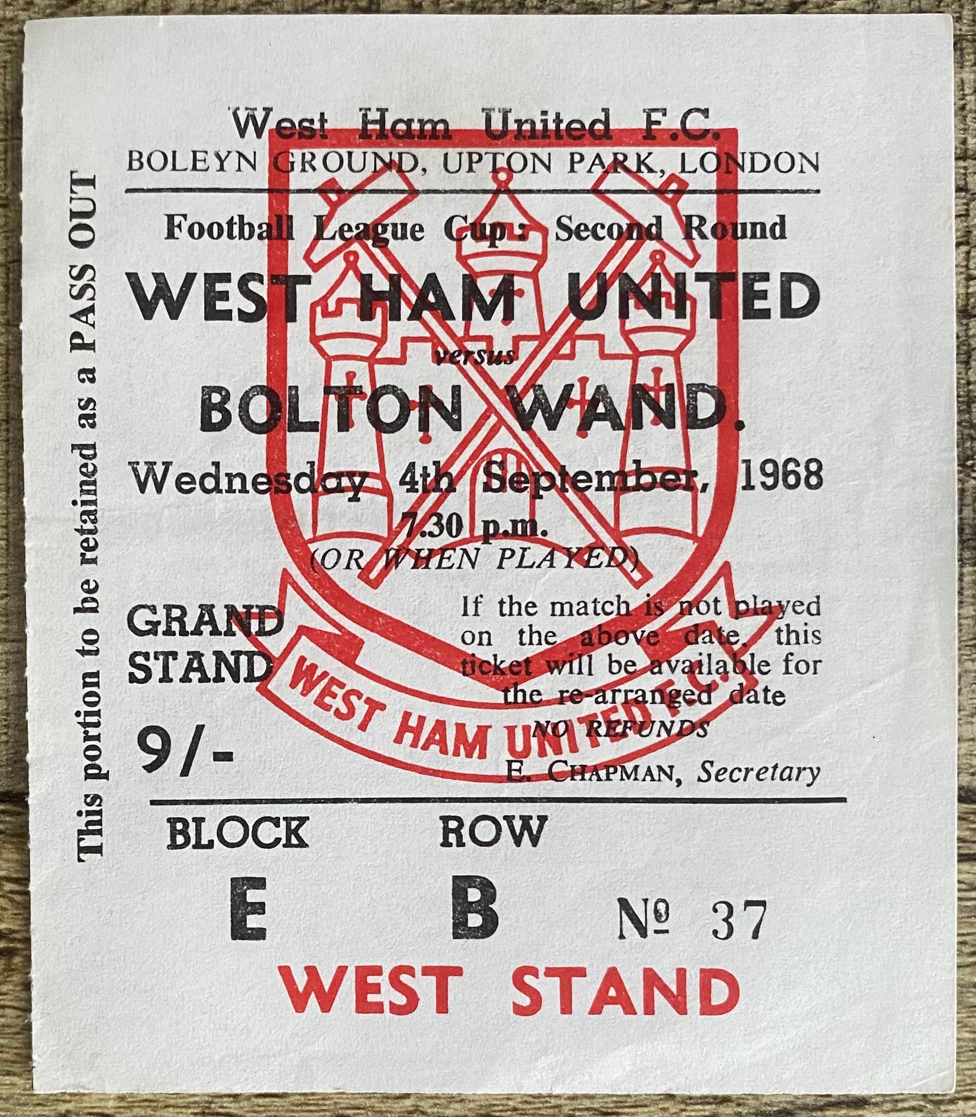 1968/69 ORIGINAL LEAGUE CUP 2ND ROUND TICKET WEST HAM UNITED V BOLTON WANDERERS