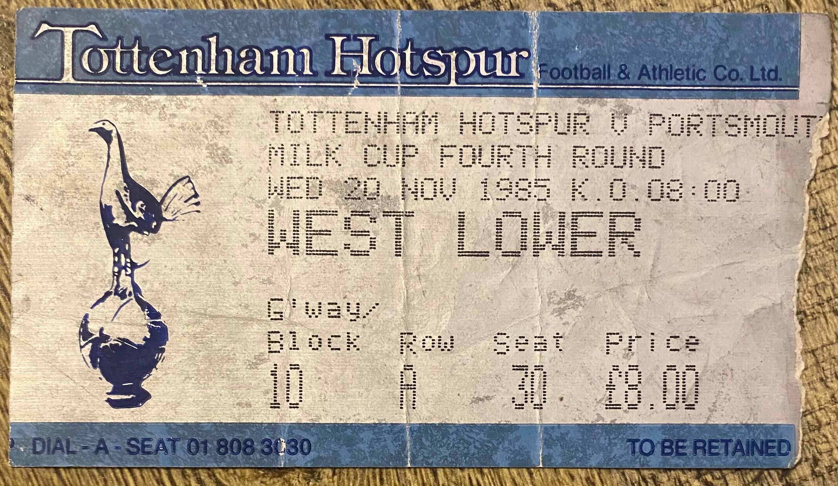 1985/86 ORIGINAL MILK CUP 4TH ROUND TICKET TOTTENHAM HOTSPUR V PORTSMOUTH