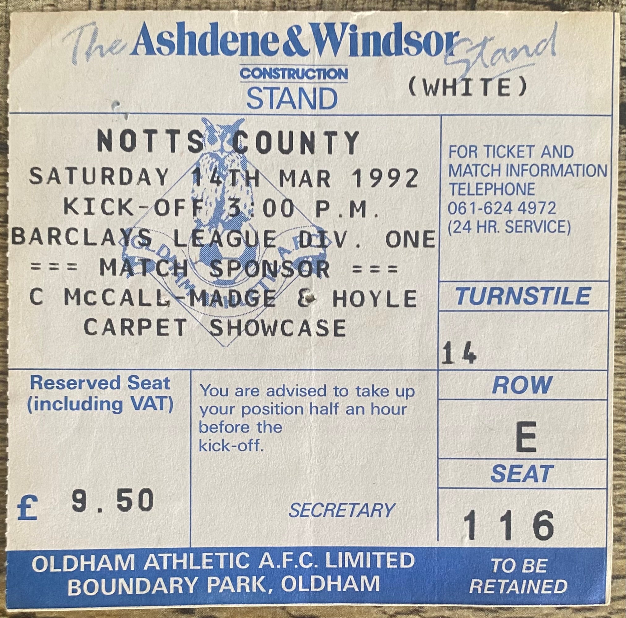 1991/92 ORIGINAL DIVISION 1 TICKET OLDHAM ATHLETIC V NOTTS COUNTY