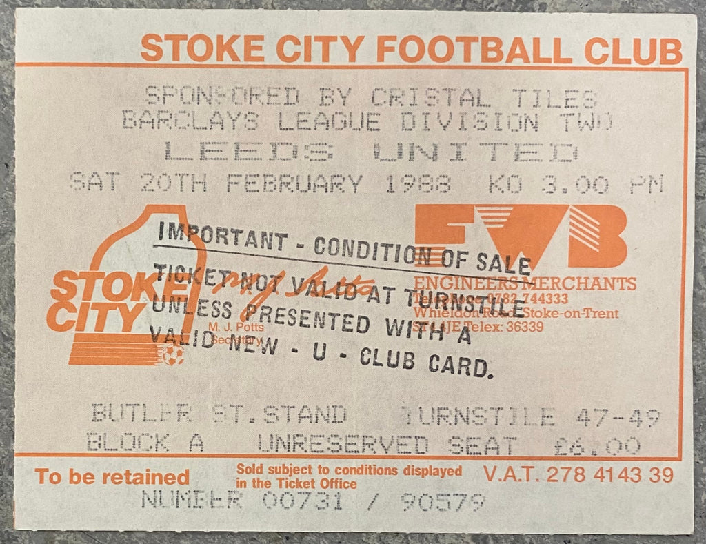 1987/88 ORIGINAL DIVISION 2 TICKET STOKE CITY V LEEDS UNITED
