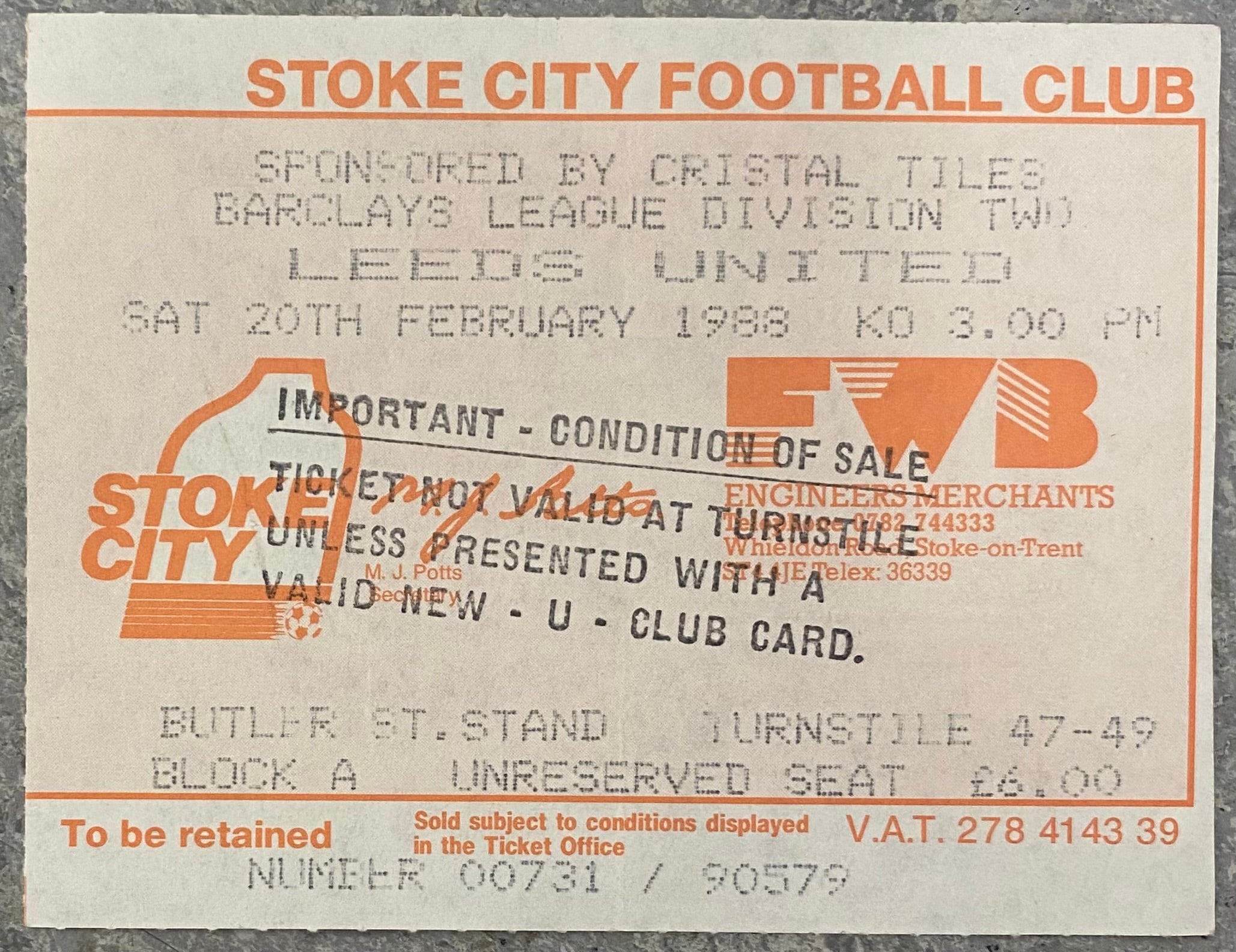 1987/88 ORIGINAL DIVISION 2 TICKET STOKE CITY V LEEDS UNITED