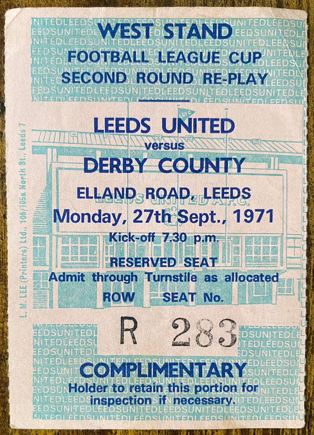 1971/72 ORIGINAL LEAGUE CUP 2ND ROUND REPLAY TICKET LEEDS UNITED V DERBY COUNTY