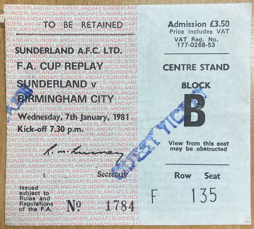 1980/81 ORIGINAL FA CUP 3RD ROUND TICKET SUNDERLAND V BIRMINGHAM CITY