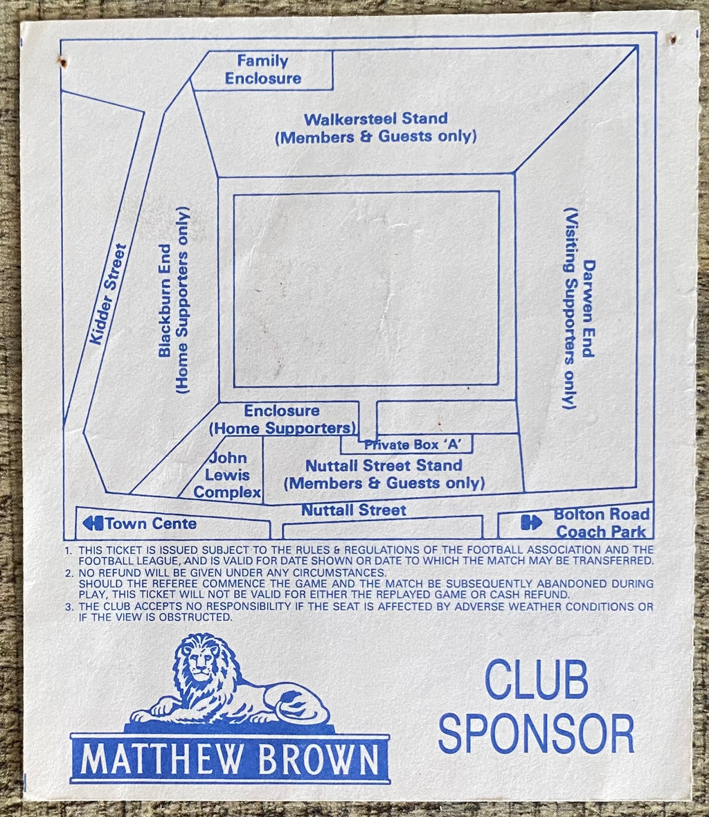 1991/92 ORIGINAL DIVISION 2 TICKET BLACKBURN ROVERS V BRIGHTON AND HOVE ALBION