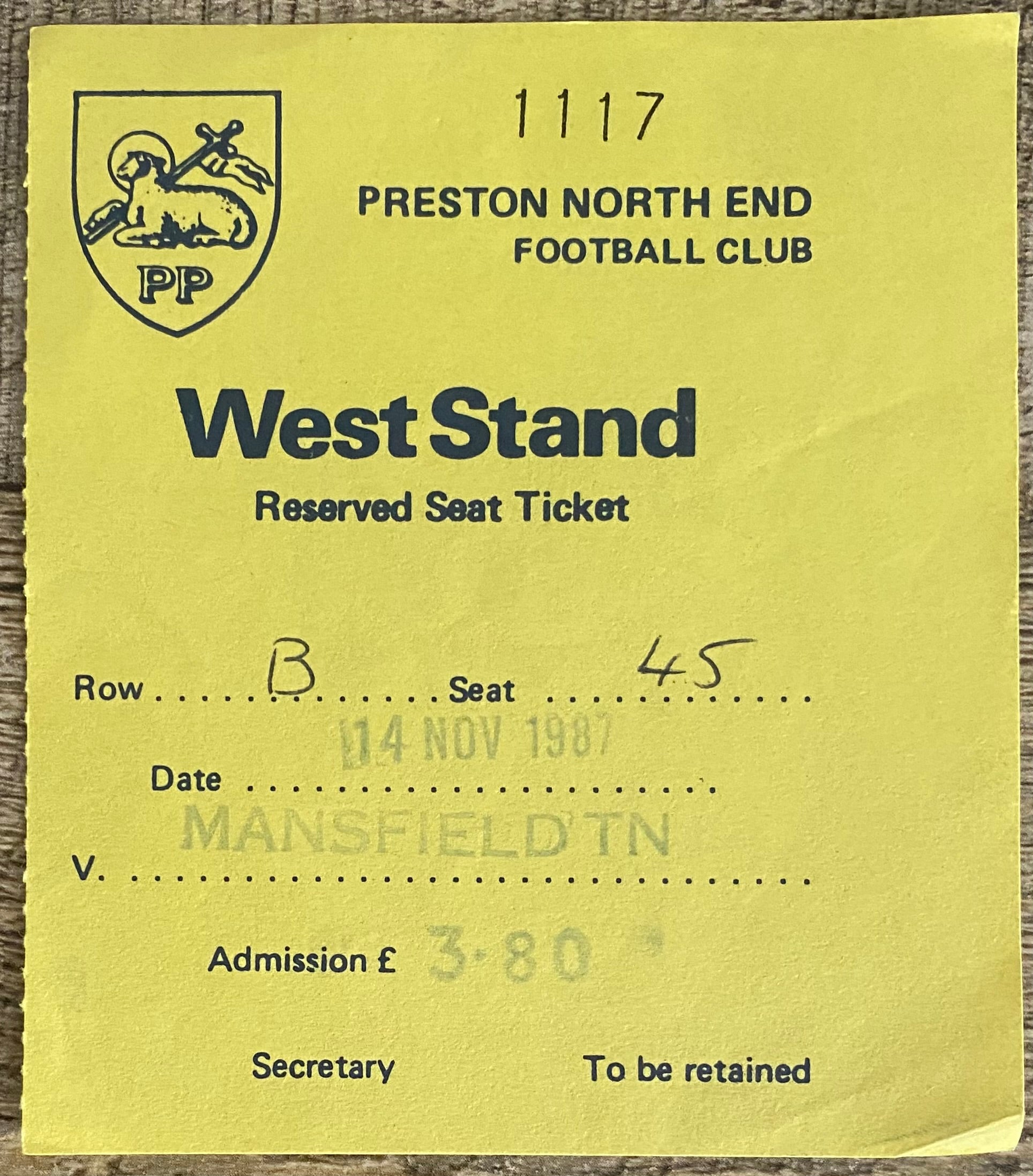 1987/88 ORIGINAL DIVISION 3 TICKET PRESTON NORTH END V MANSFIELD TOWN