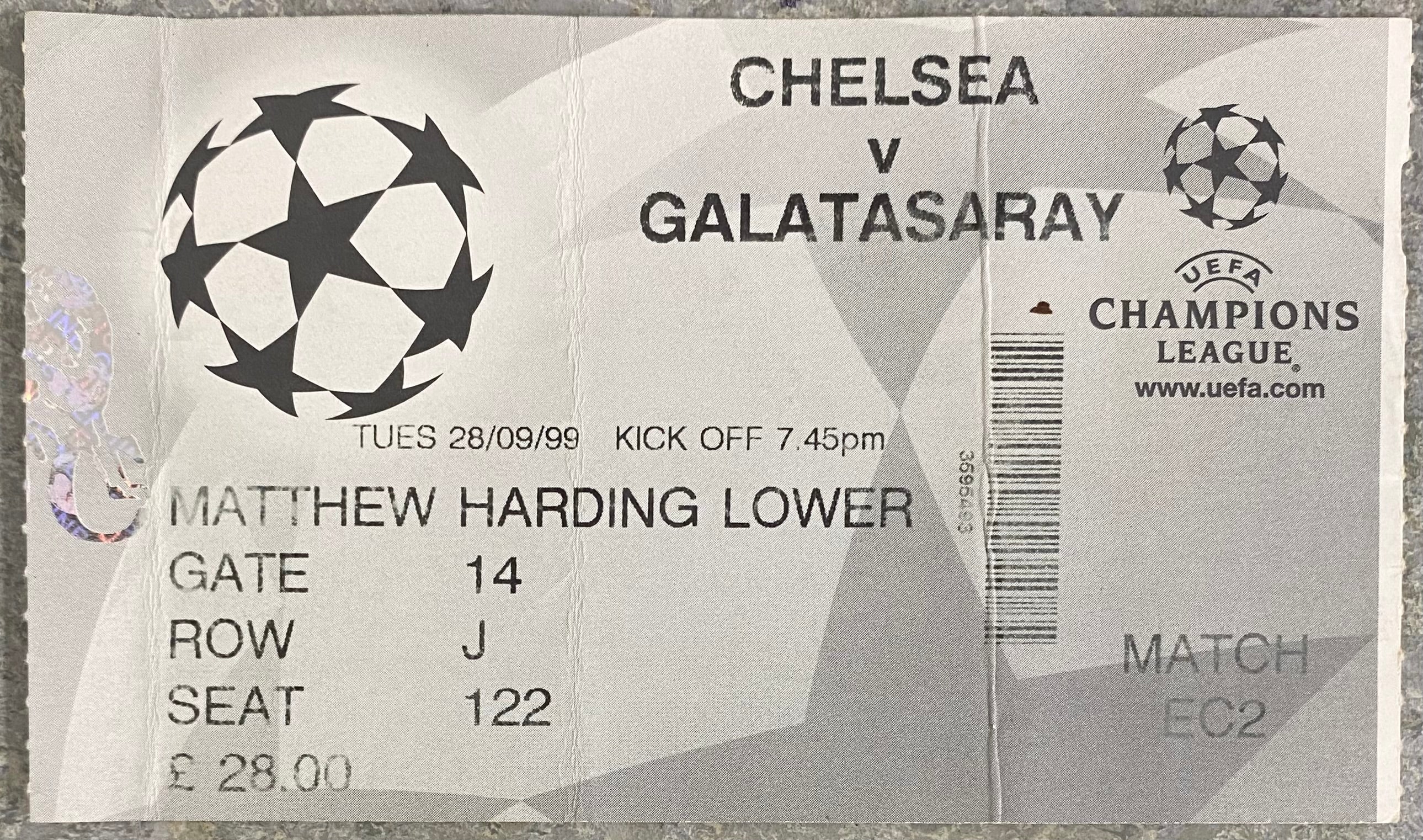 1999/2000 ORIGINAL CHAMPIONS LEAGUE GROUP H TICKET CHELSEA V GALATASARAY