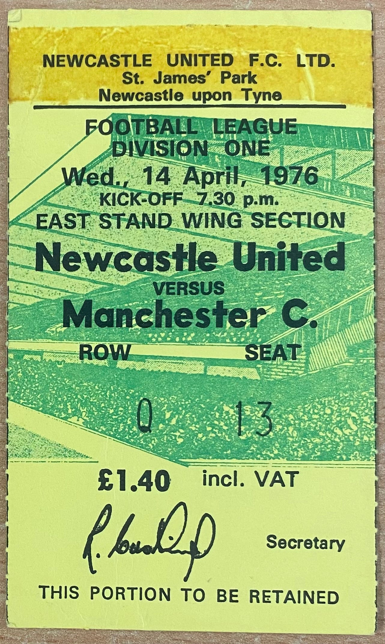1975/76 ORIGINAL DIVISION 1 TICKET NEWCASTLE UNITED V MANCHESTER CITY