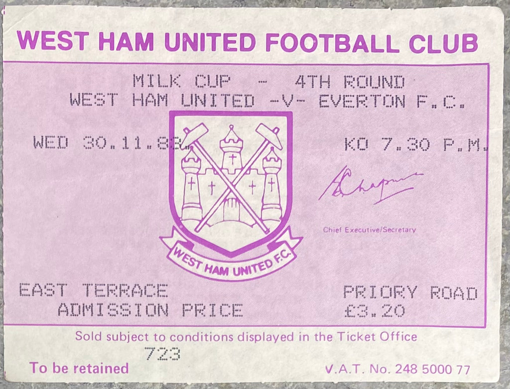 1983/84 ORIGINAL MILK CUP 4TH ROUND TICKET WEST HAM UNITED V EVERTON
