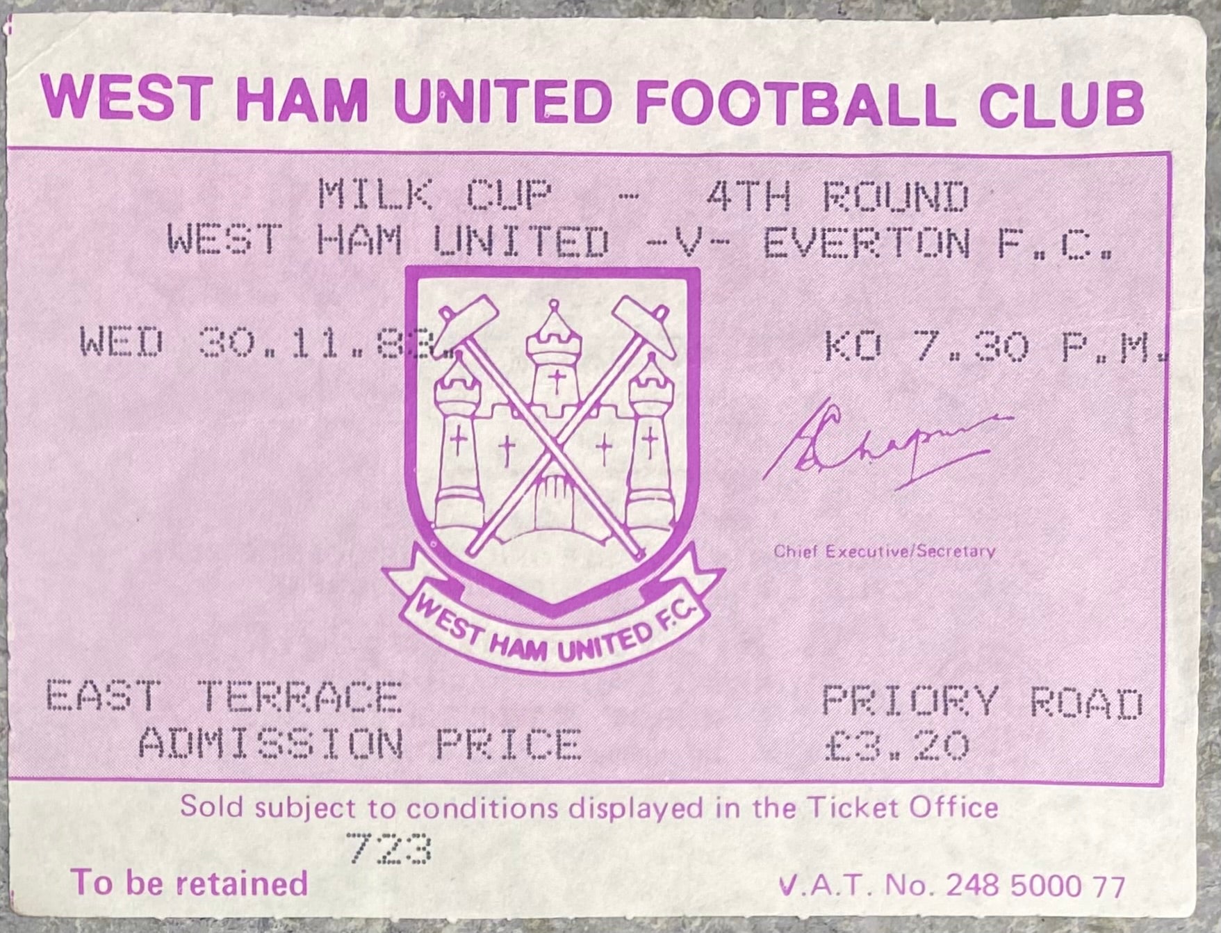 1983/84 ORIGINAL MILK CUP 4TH ROUND TICKET WEST HAM UNITED V EVERTON