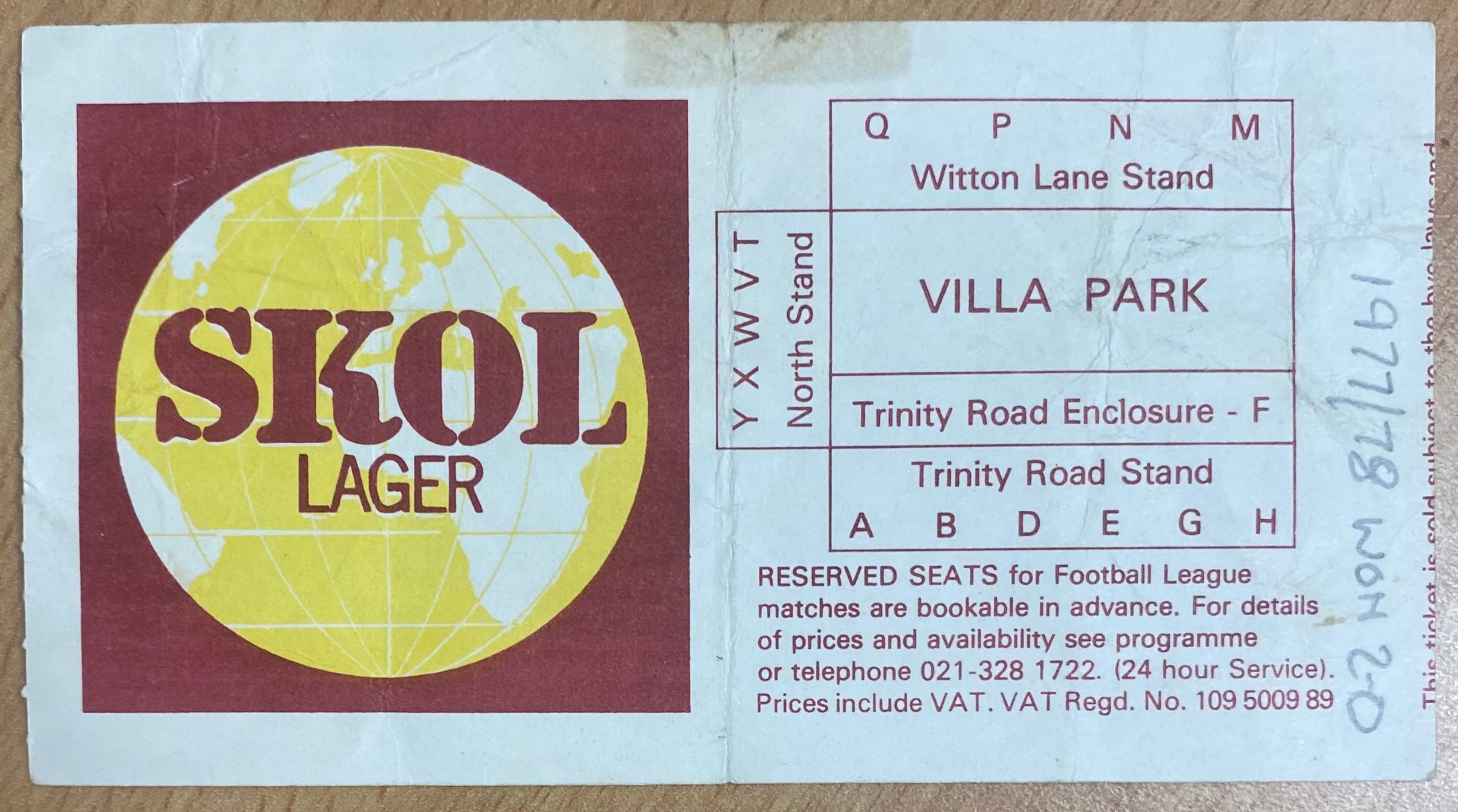 1977/78 ORIGINAL DIVISION 1 TICKET ASTON VILLA V NEWCASTLE UNITED