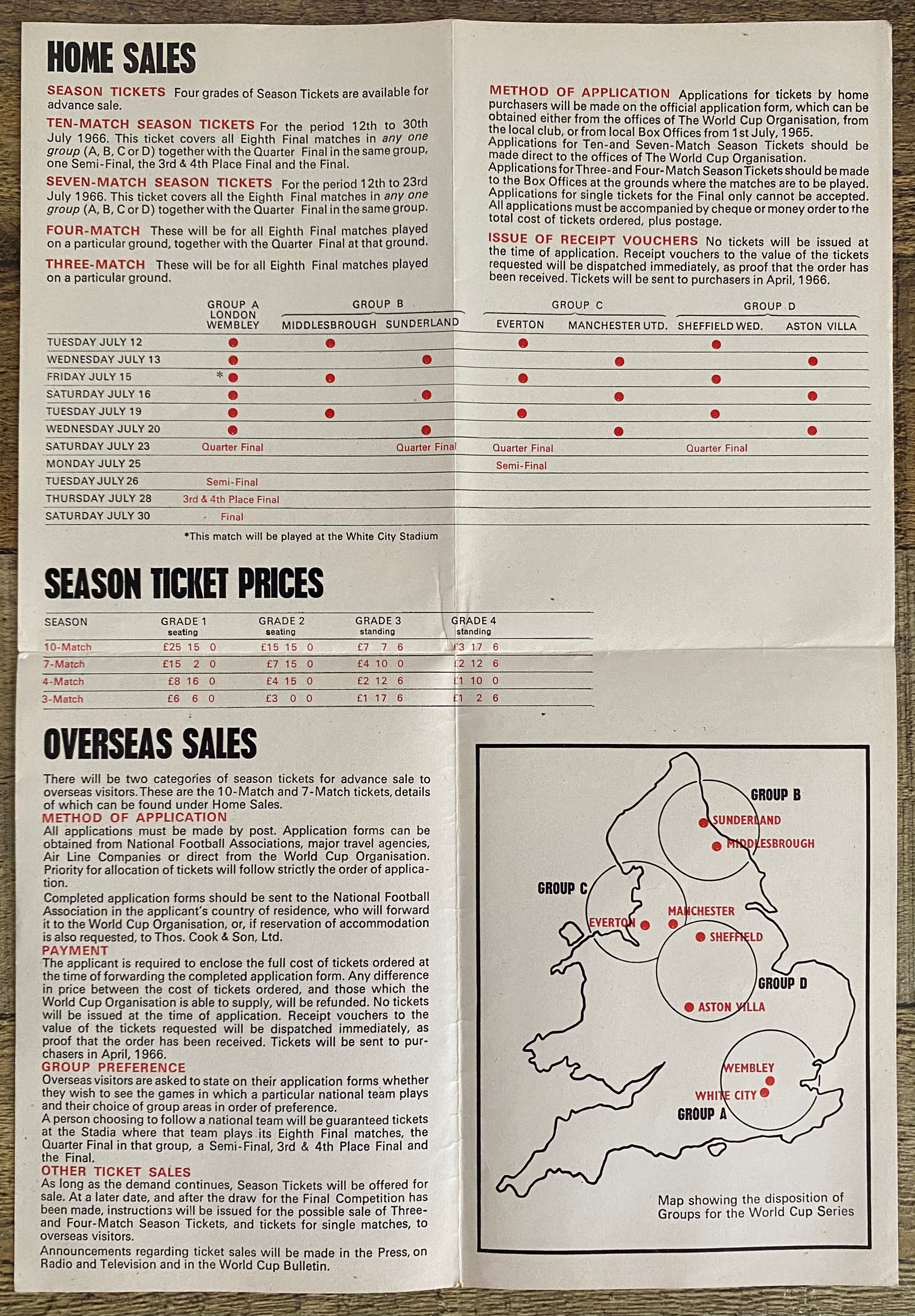 1966 WORLD CUP ORIGINAL OFFICIAL TICKET INFORMATION FOLD OUT BOOKLET