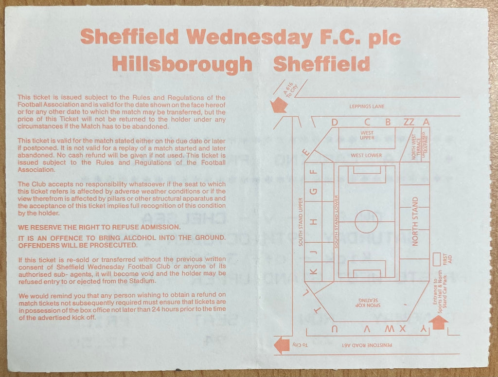 1994/95 ORIGINAL FA PREMIERSHIP TICKET SHEFFIELD WEDNESDAY V CHELSEA