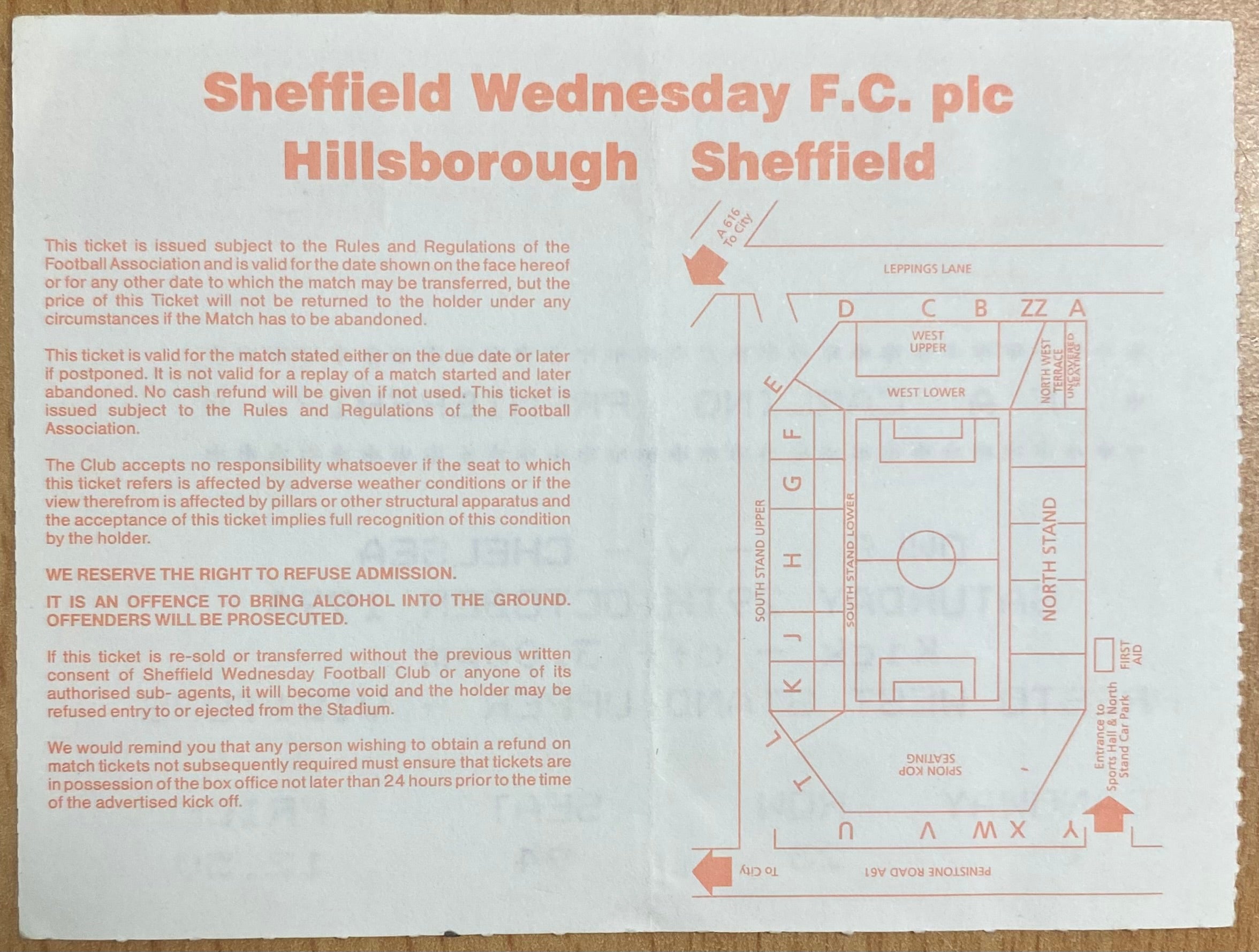 1994/95 ORIGINAL FA PREMIERSHIP TICKET SHEFFIELD WEDNESDAY V CHELSEA