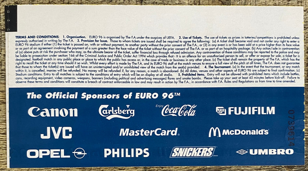 1996 ORIGINAL EUROPEAN CHAMPIONSHIPS EURO 96 TICKET TURKEY V PORTUGAL @ CITY GROUND
