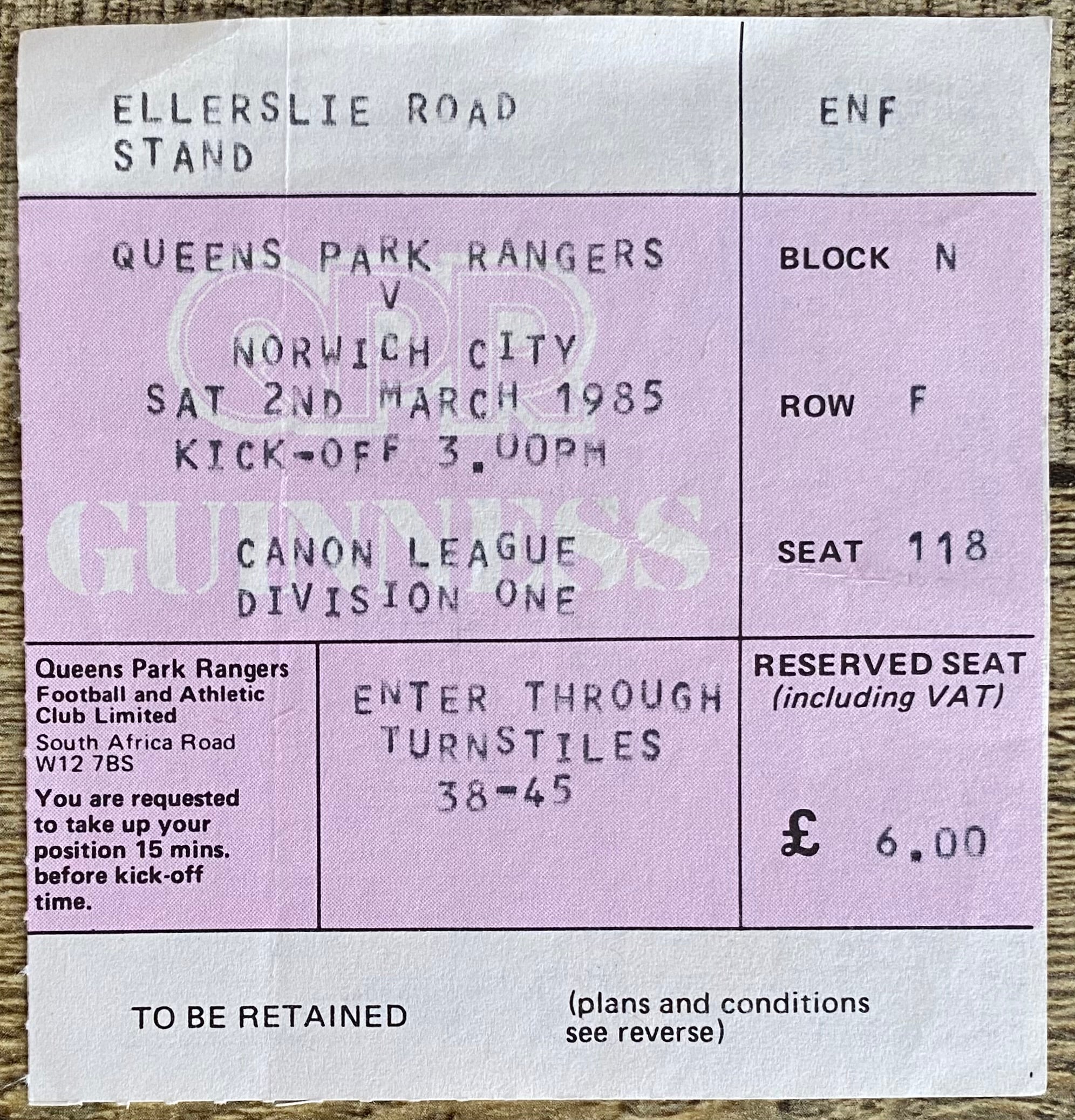 1984/85 ORIGINAL DIVISION ONE TICKET QUEENS PARK RANGERS V NORWICH CITY