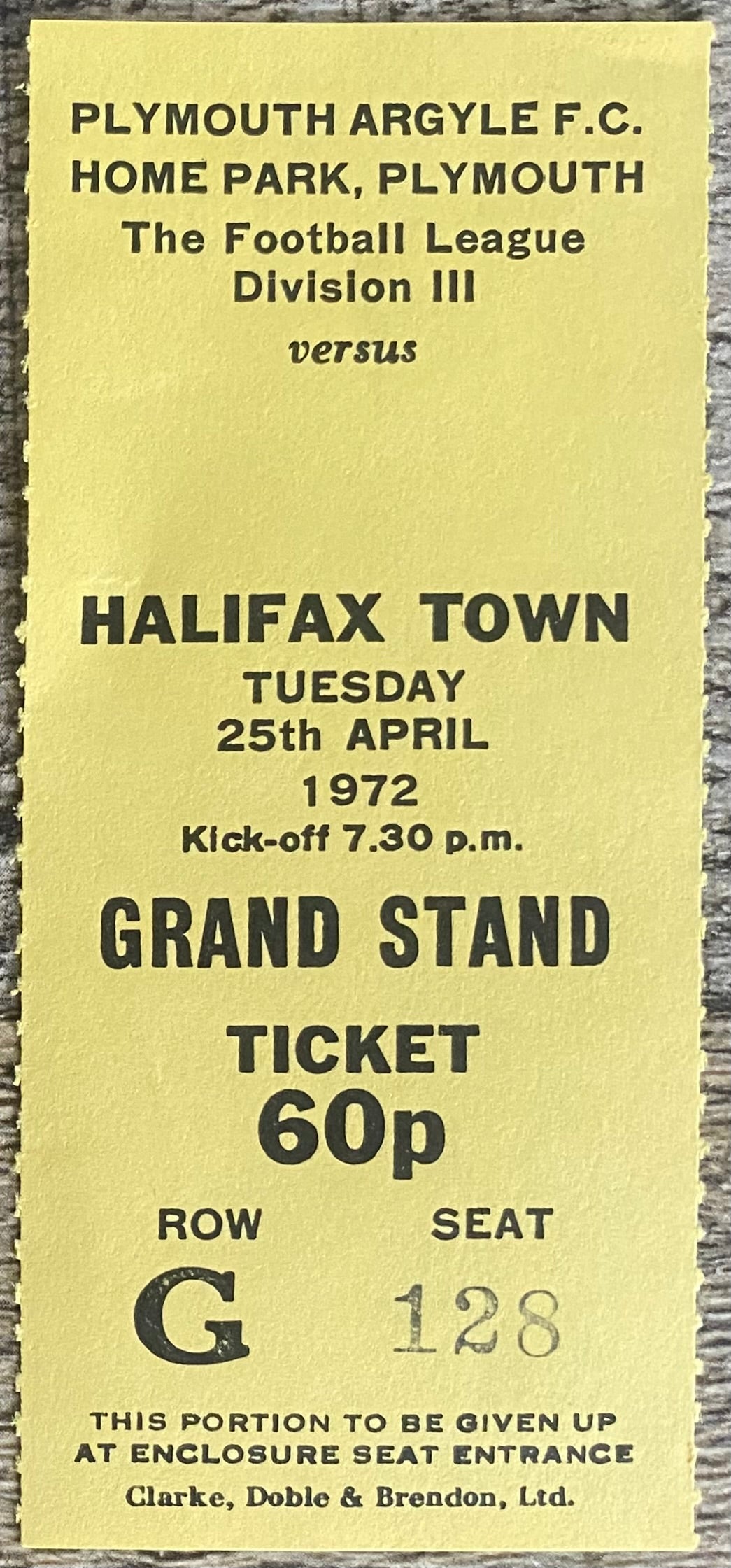 1971/72 ORIGINAL DIVISION 3 TICKET PLYMOUTH ARGYLE V HALIFAX TOWN