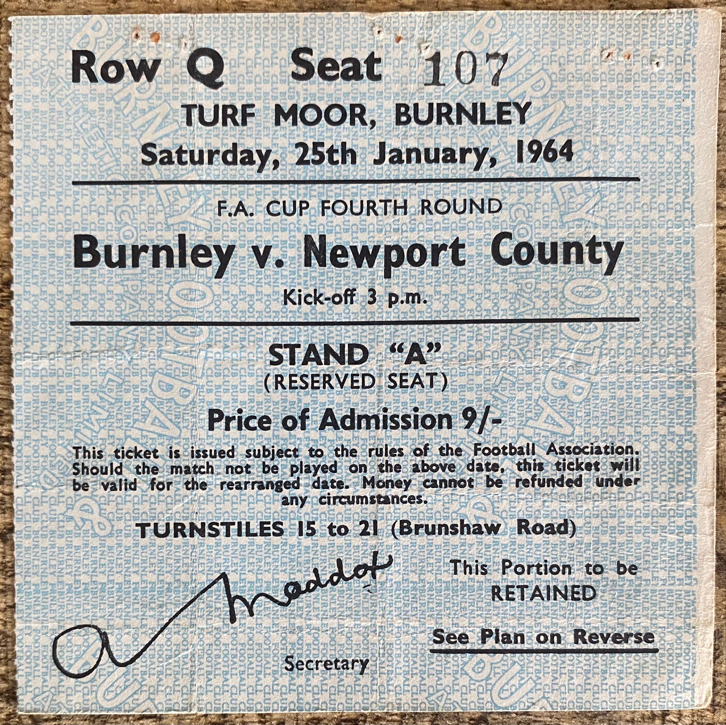 1963/64 ORIGINAL FA CUP 4TH ROUND TICKET BURNLEY V NEWPORT COUNTY