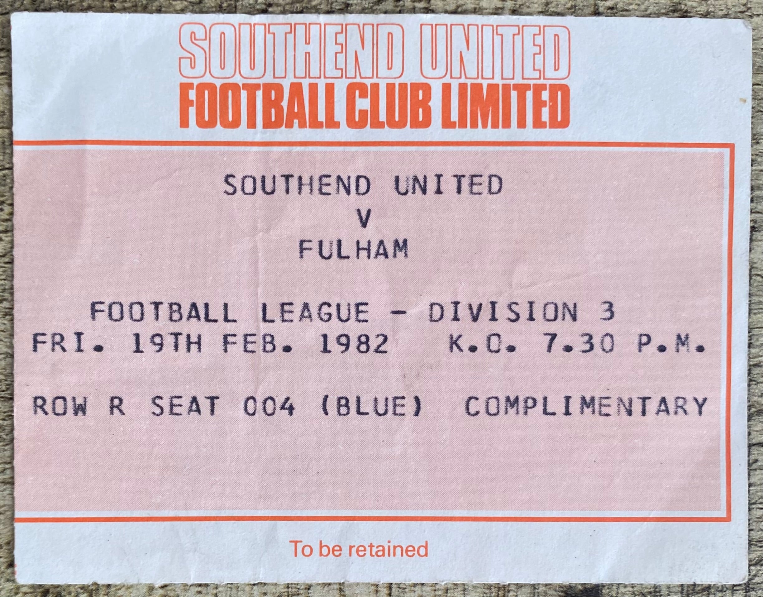 1981/82 ORIGINAL DIVISION 3 TICKET SOUTHEND UNITED V FULHAM